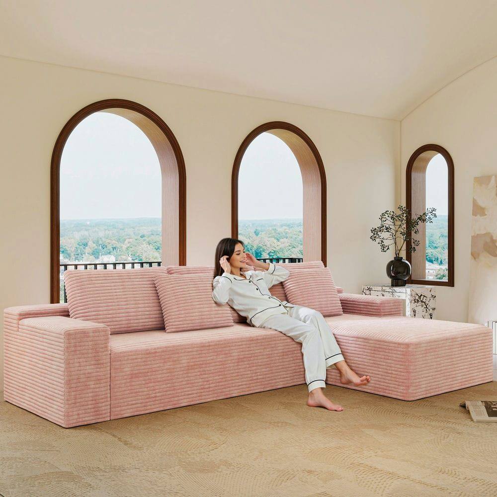 Front. Kadyn - 104" Right Chaise Modular Sectional, L-Shaped Cloud Couch with Deep Comfort and No Assembly, Pink - Pink.
