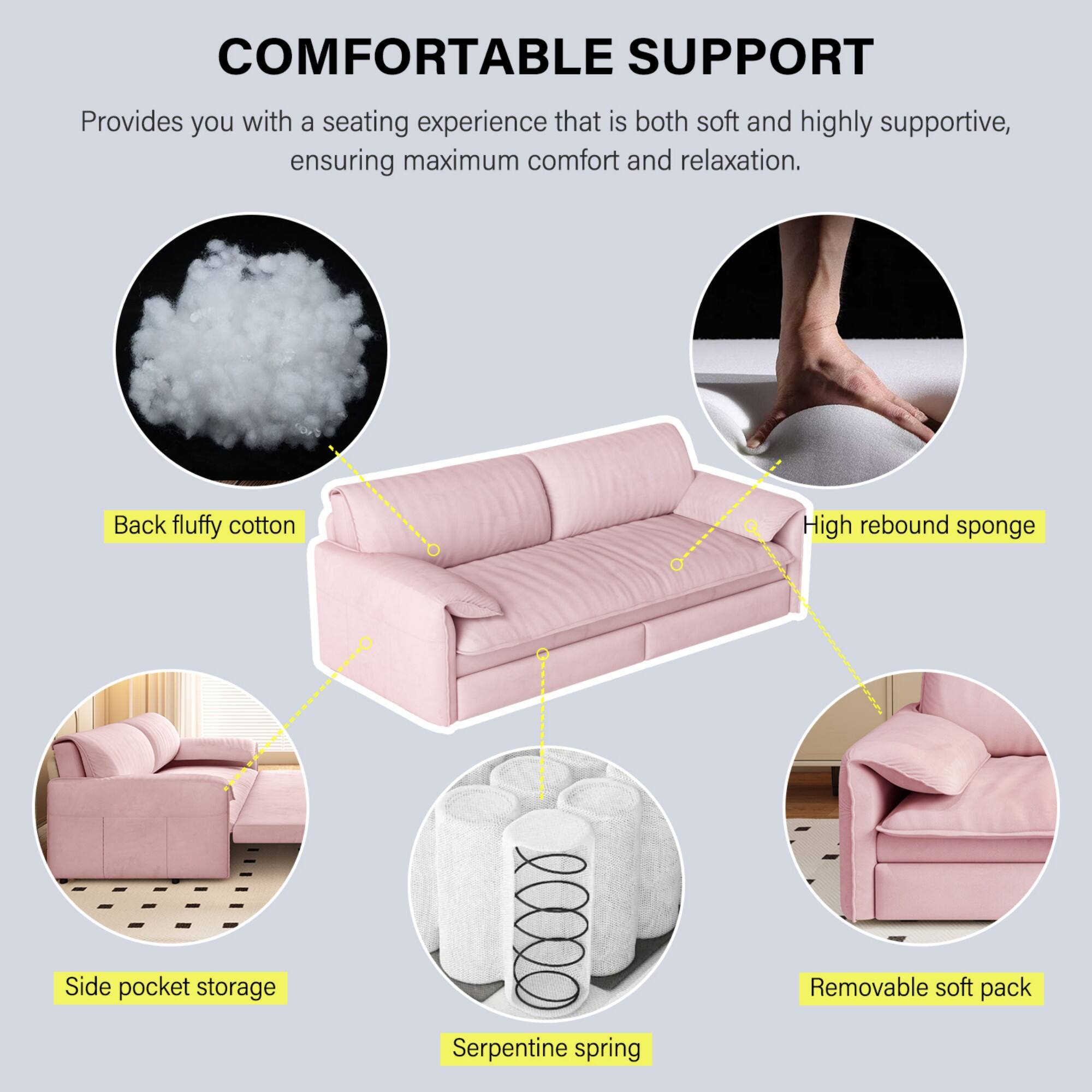 COMFORTABLE SUPPORT  
Provides you with a seating experience that is both soft and highly supportive, ensuring maximum comfort and relaxation.  
- Back fluffy cotton  
- High rebound sponge  
- Side pocket storage  
- Serpentine spring  
- Removable soft pack