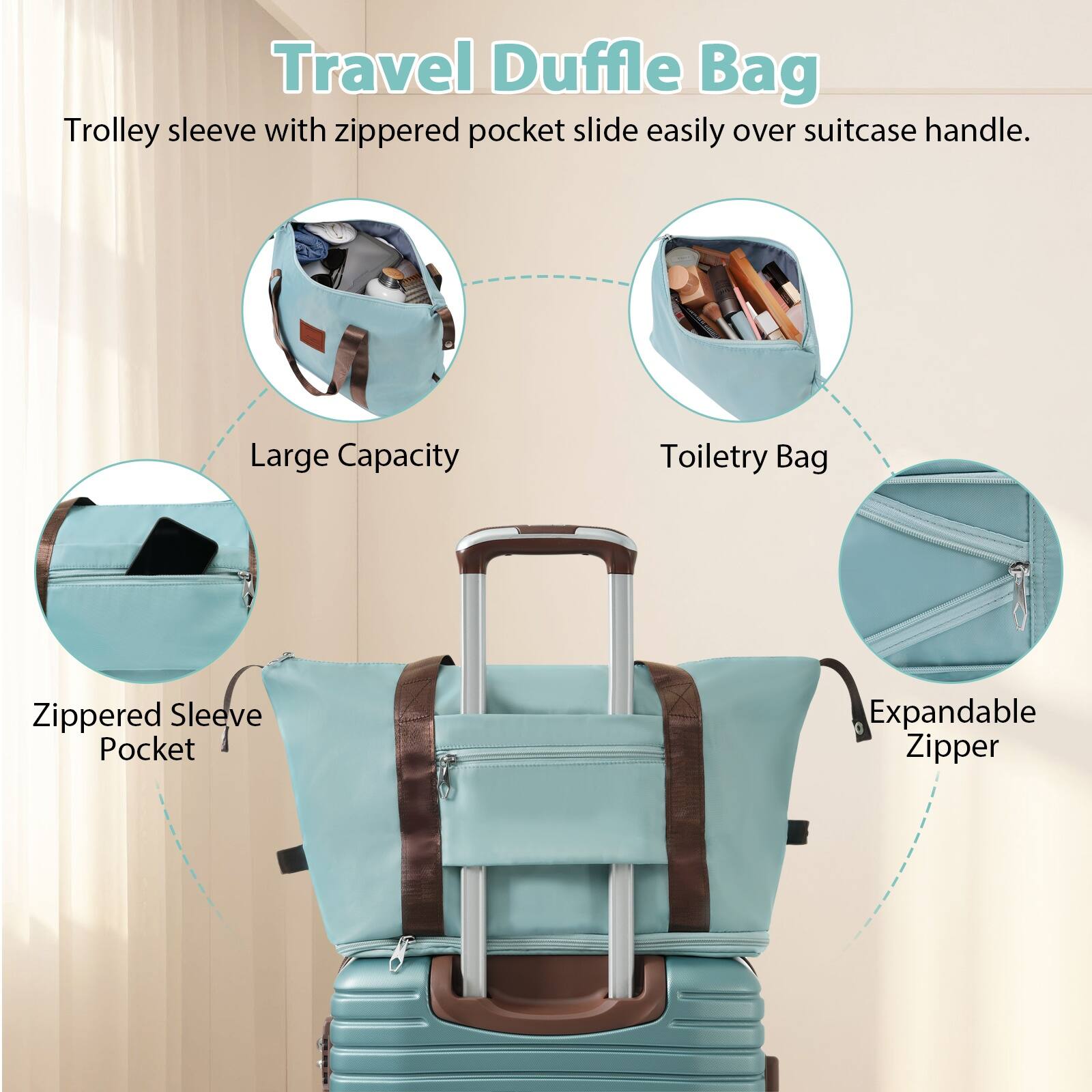 Travel Duffle Bag

Trolley sleeve with zippered pocket slide easily over suitcase handle.

- Large Capacity
- Toiletry Bag
- Zippered Sleeve Pocket
- Expandable Zipper