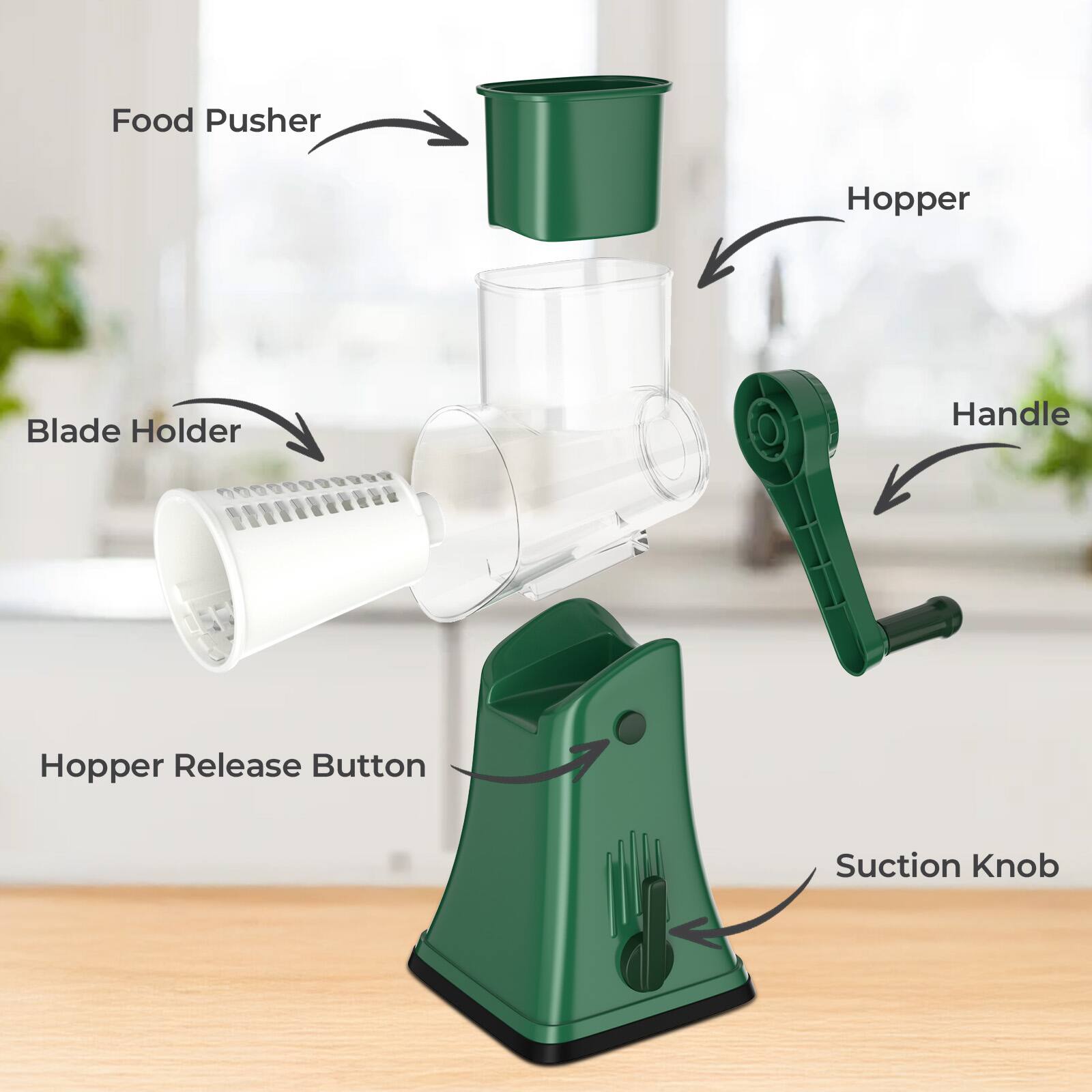 - Food Pusher
- Hopper
- Blade Holder
- Handle
- Hopper Release Button
- Suction Knob