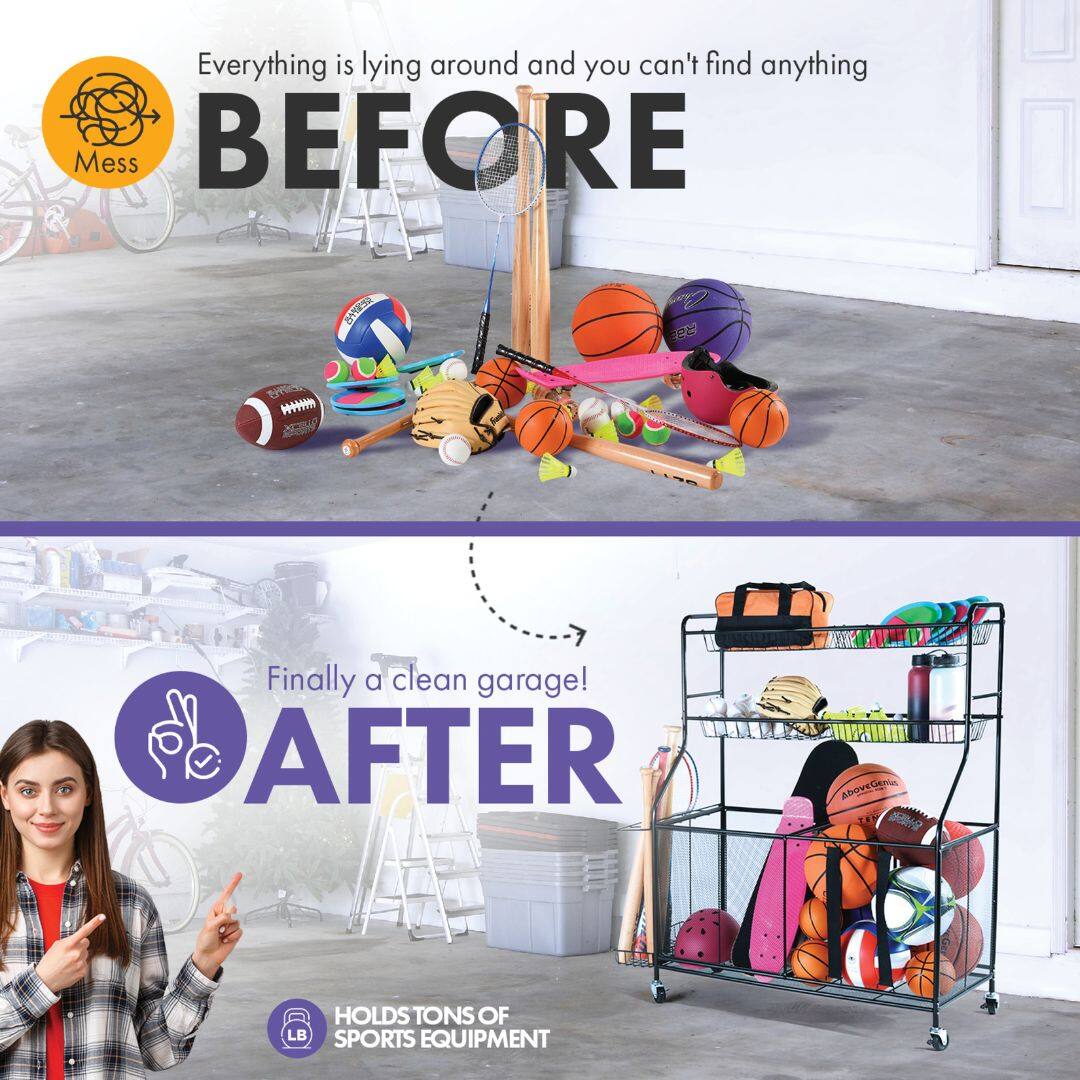 Everything is lying around and you can't find anything  
BEFORE  

Finally a clean garage!  
AFTER  

HOLDS TONS OF SPORTS EQUIPMENT