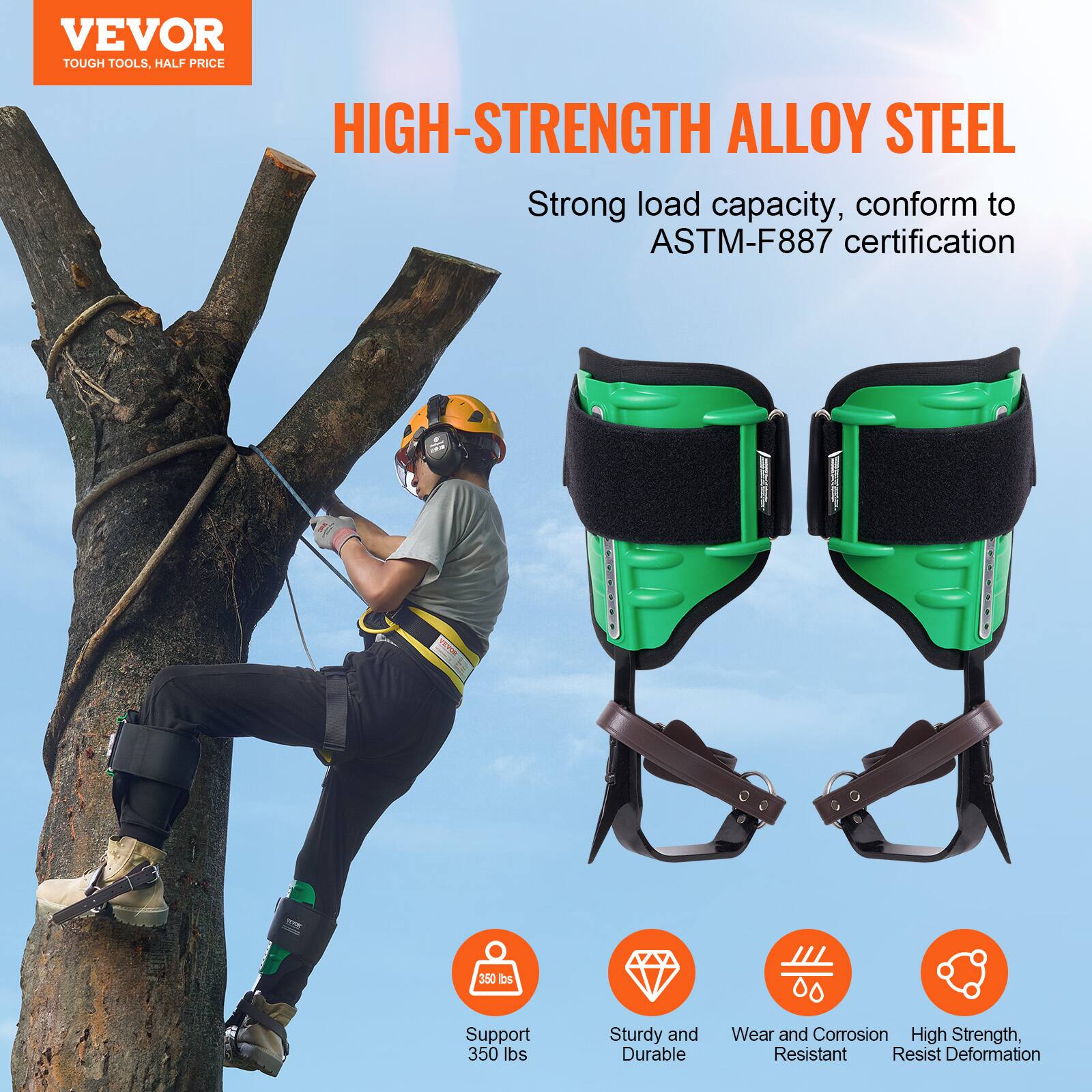VEVOR TOUGH TOOLS, HALF PRICE

HIGH-STRENGTH ALLOY STEEL

Strong load capacity, conform to ASTM-F887 certification

Support 350 lbs

Sturdy and Durable

Wear and Corrosion Resistant

High Strength, Resist Deformation