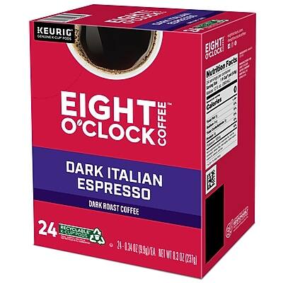 EIGHT O'CLOCK COFFEE  
DARK ITALIAN ESPRESSO  
DARK ROAST COFFEE  

24 K-CUP RECYCLABLE PACKS  
24 - 1.34 OZ (37g)  
NET WT 8.3 OZ (237g)  

Nutrition Facts  
Serving Size: 1 K-Cup  
Calories: 0  

Keurig Compatible K-Cups