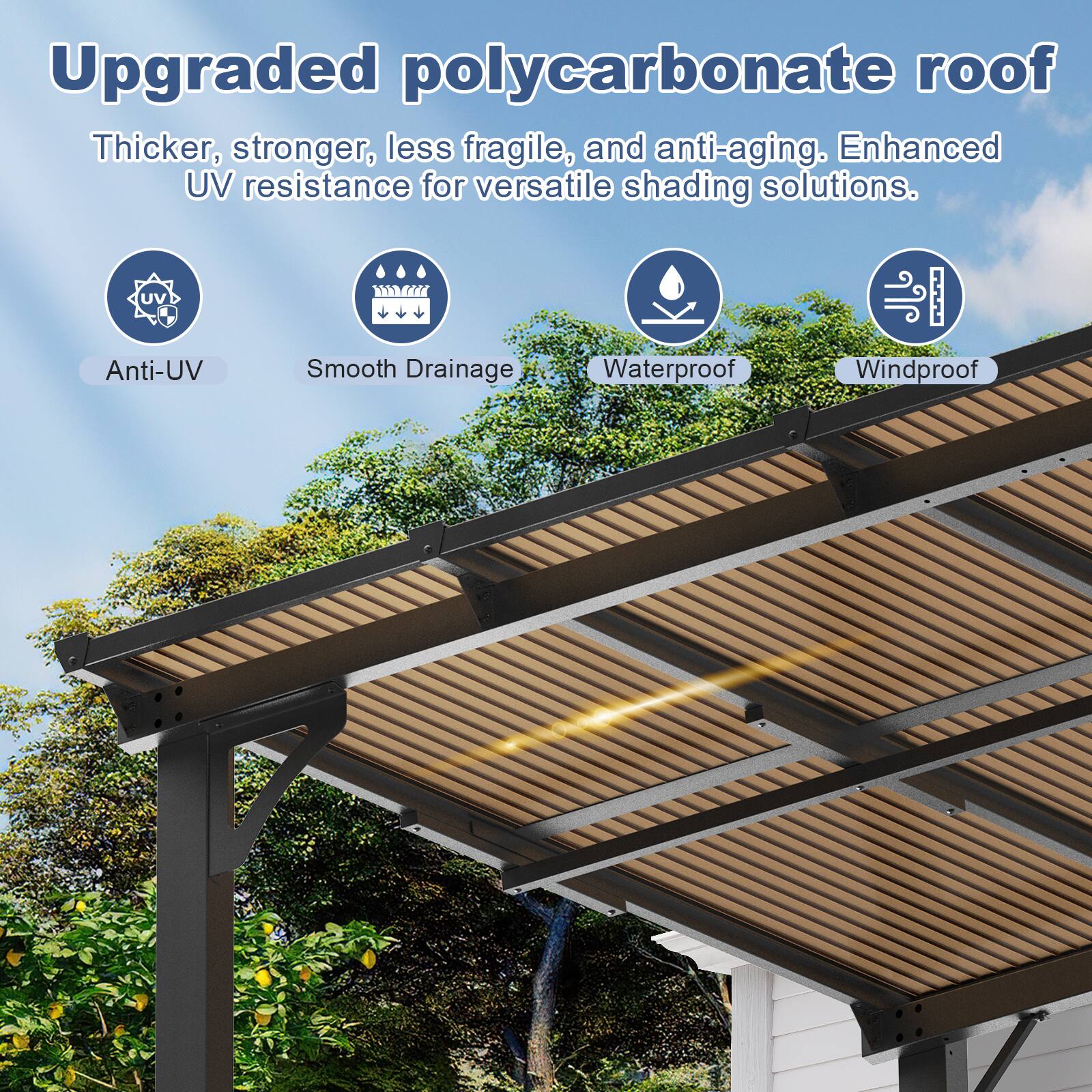 Upgraded polycarbonate roof  
Thicker, stronger, less fragile, and anti-aging. Enhanced UV resistance for versatile shading solutions.  
Anti-UV  
Smooth Drainage  
Waterproof  
Windproof