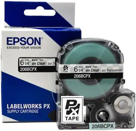 EPSON
EXCEED YOUR VISION
6 mm Black | Noir
1/4" on Clear | sur Transparent
206BCPX
LABELWORKS PX
SUPPLY CARTRIDGE
TAPE
206BCPX