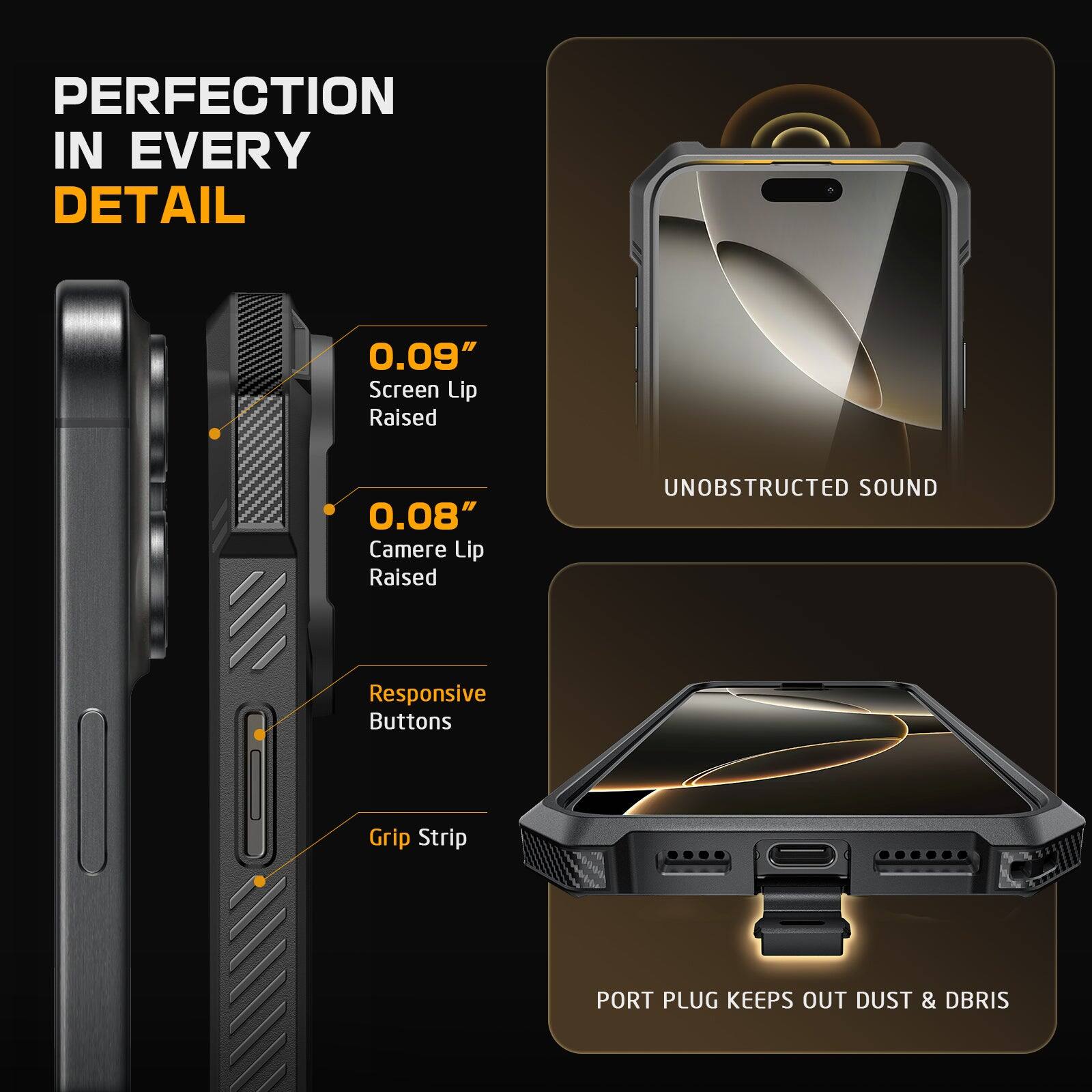 PERFECTION IN EVERY DETAIL

- 0.09" Screen Lip Raised
- 0.08" Camera Lip Raised
- Responsive Buttons
- Grip Strip
- Port Plug Keeps Out Dust & Debris
- Unobstructed Sound