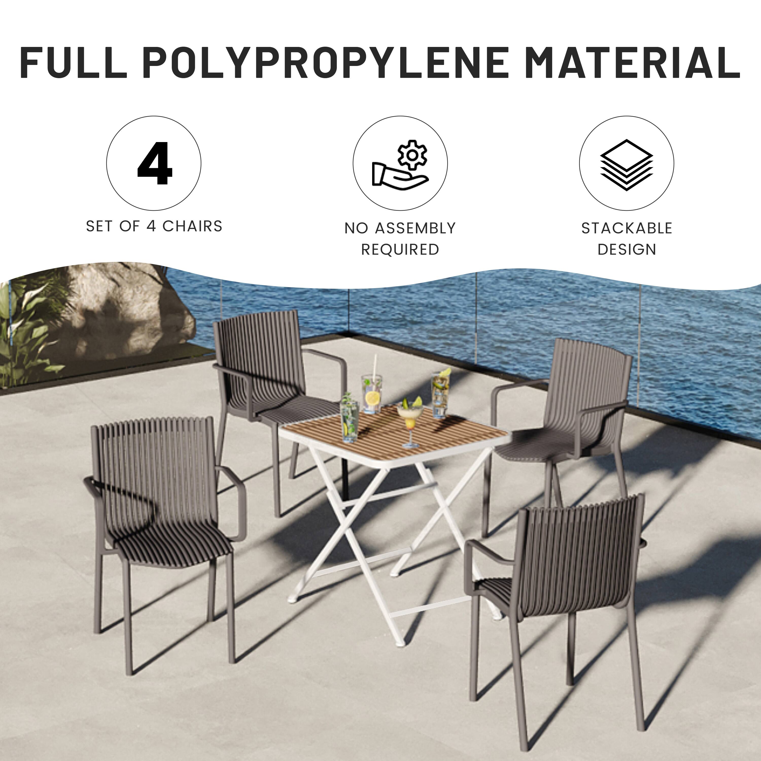 FULL POLYPROPYLENE MATERIAL  
4 SET OF 4 CHAIRS  
NO ASSEMBLY REQUIRED  
STACKABLE DESIGN
