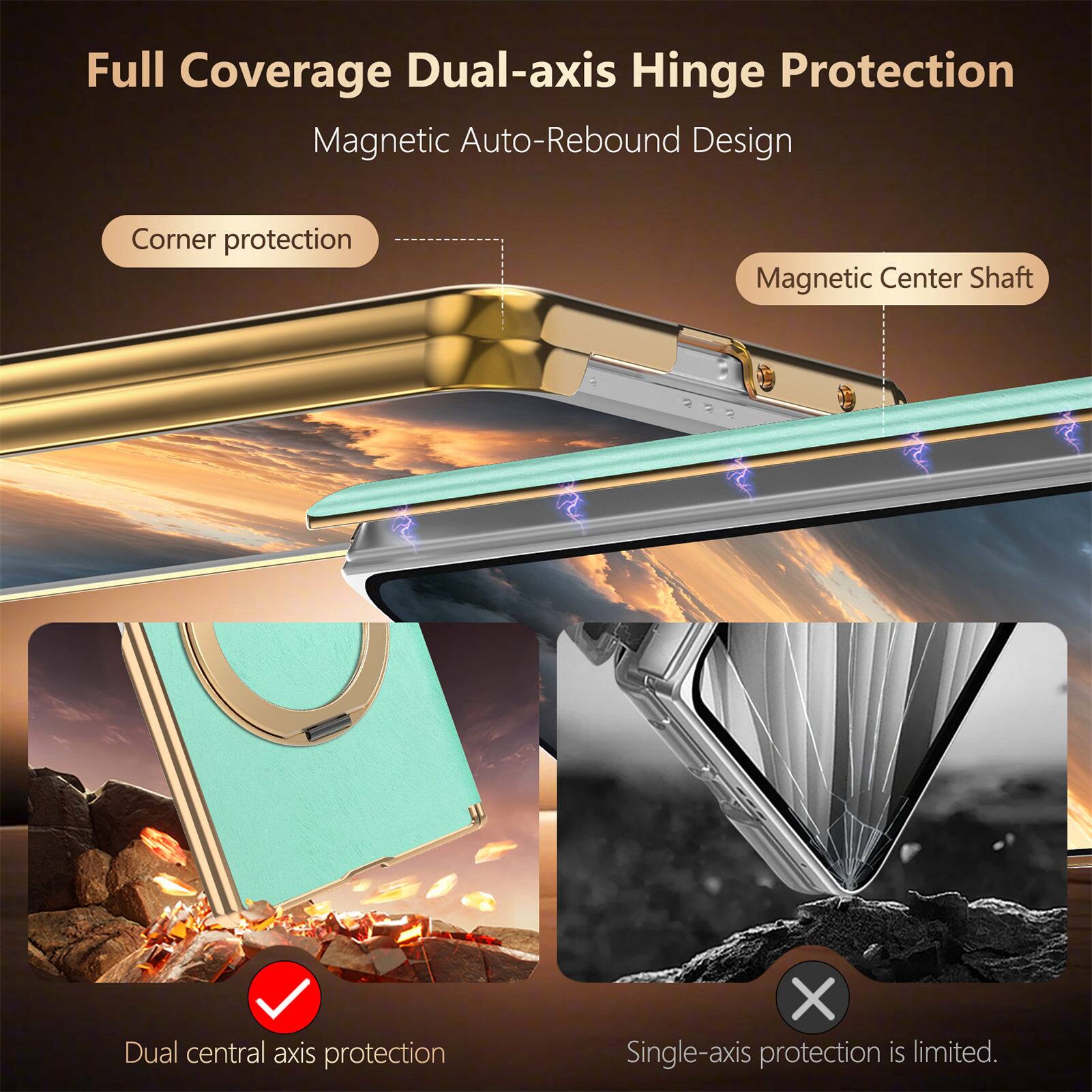 Full Coverage Dual-axis Hinge Protection  
Magnetic Auto-Rebound Design  

Corner protection  
Magnetic Center Shaft  
Dual central axis protection  

X Single-axis protection is limited.