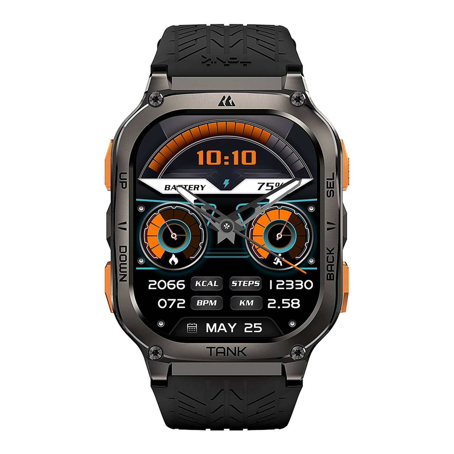 10:10  
BATTERY 75%  
2066 KCAL  
12330 STEPS  
2.58 KM  
072 BPM  
MAY 25  
TANK