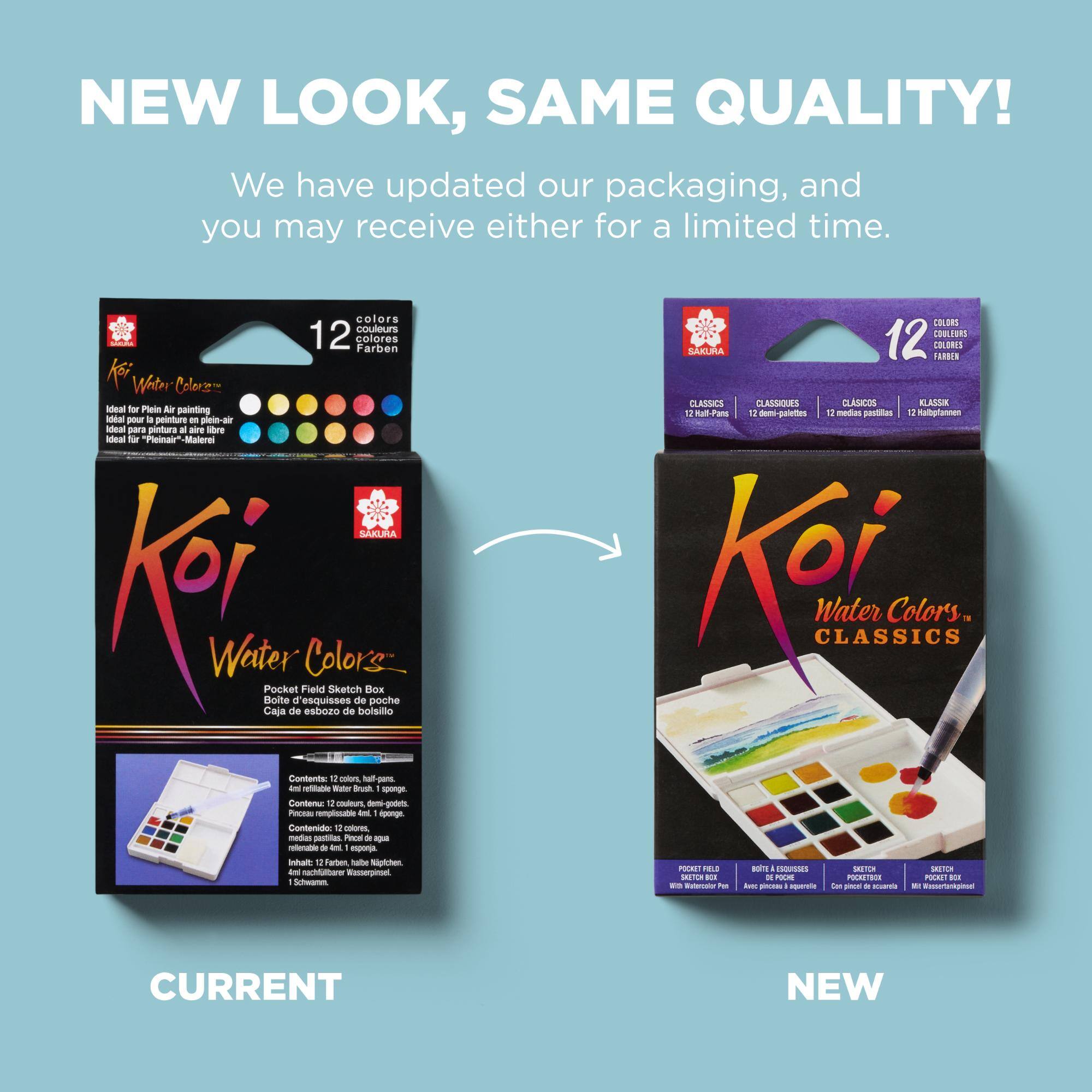 NEW LOOK, SAME QUALITY!  
We have updated our packaging, and you may receive either for a limited time.

colors couleurs LUGIRA 12 colores Farben  
Water Colories Ideal for Plein Air painting Ideal pour la peinture on plein-air Ideal para pintura al aire libre Ideal fr "Pleinair" Malerei  
SAKURA Ketter Writer Boite Caja Pocket de d'esquisses Field Color's esbozo Sketch de de bolsillo Box poche  
Contents: 12 zola half-pans. 4ml refilable Water Brush sponge.  
Contenu: 12 couleurs, demi-godets. Pinceau remplissable 4ml iponge.  
Contenido: 12 colores, medias pastillas. Pincel de agua relionable de 4ml 1 esponja.  
Inhalt 12 Farben, habe Nipichen. 4ml nachfullbare Wasserpinsel. Schwamm.

COLORS COULEURS SAKURA 12 COLORES FARBEN CLASSICS CLASSIQUES CLSICOS KLASSIK  
12 Half-Pans 12 demi