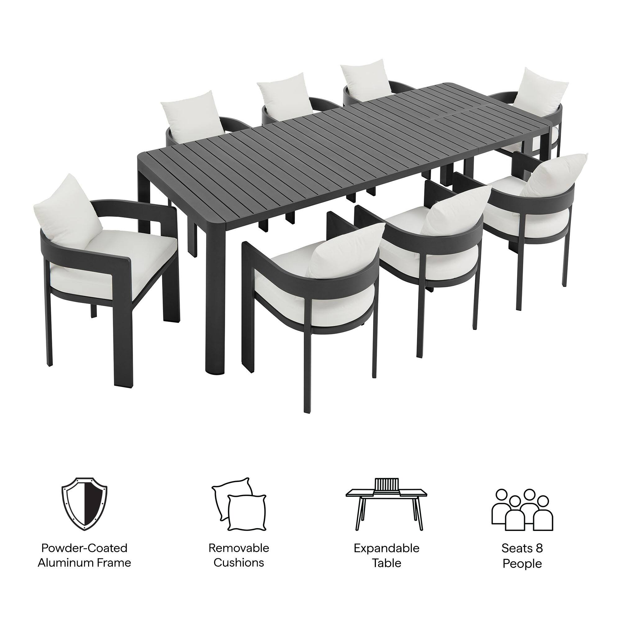 Powder-Coated Aluminum Frame  
Removable Cushions  
Expandable Table  
Seats 8 People