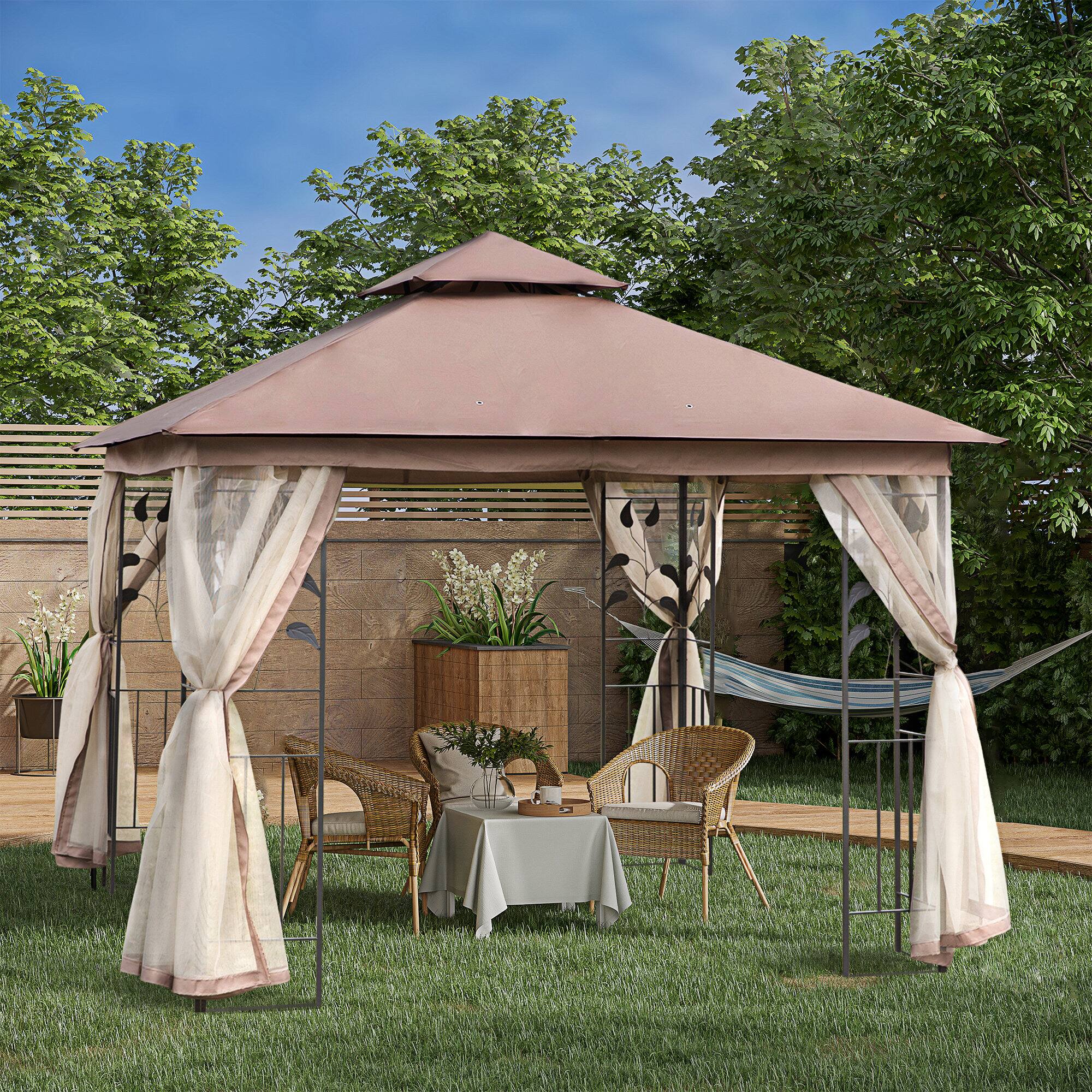 Angle. Outsunny -  10' x 10' Metal Patio Gazebo, Double Roof Outdoor Gazebo Canopy Shelter with Tree Motifs Corner Frame - Black and Brown.