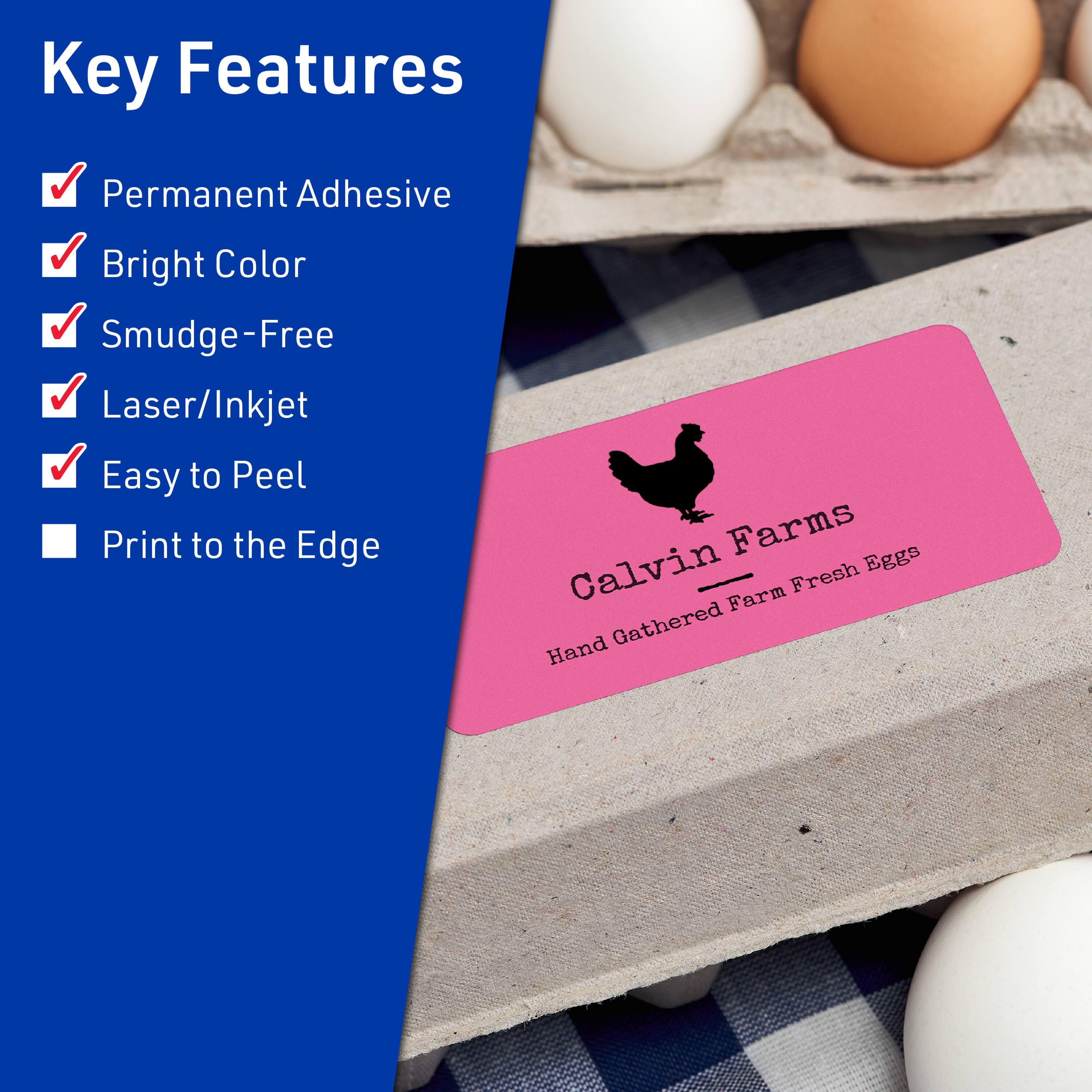 Key Features  
- Permanent Adhesive  
- Bright Color  
- Smudge-Free  
- Laser/Inkjet  
- Easy to Peel  
- Print to the Edge  

Calvin Farms  
Hand Gathered Farm Fresh Eggs