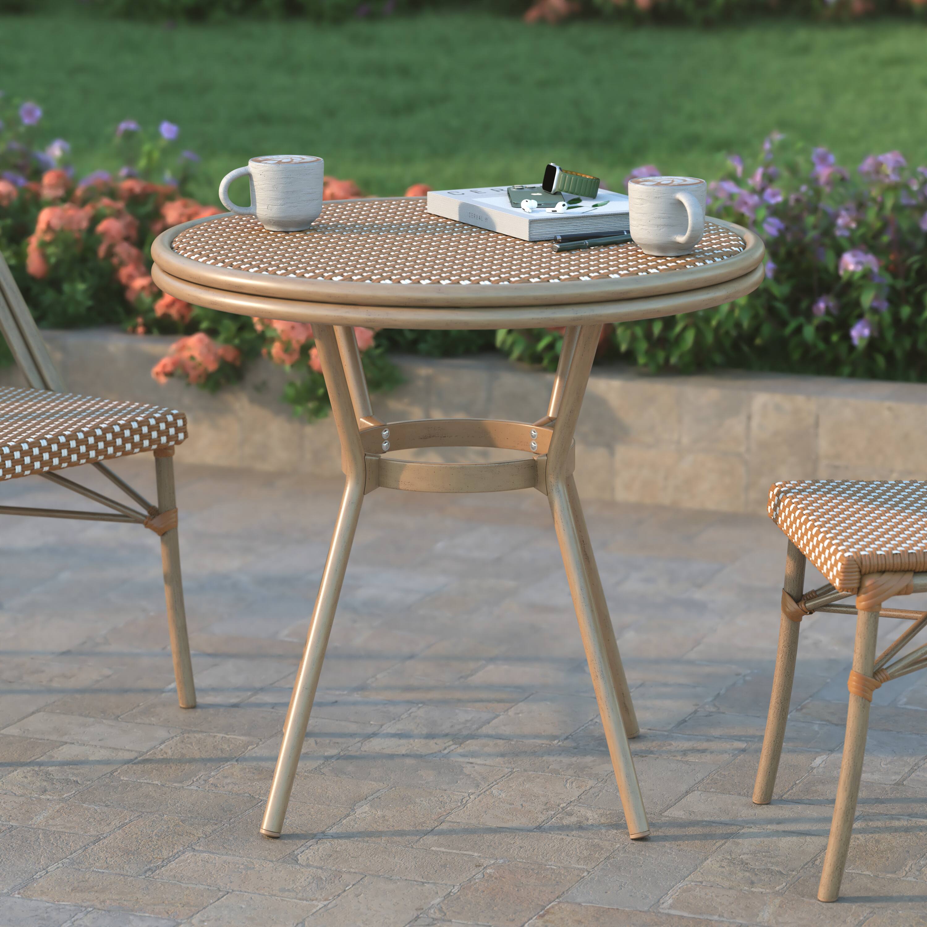 Alt View 1. Emma + Oliver - Colmar Indoor/Outdoor Bistro Style 31.5 in. Table with PE Rattan, Glass Top, and Bamboo Finished Metal Frame - Natural & White Rattan/Light Natural Frame.
