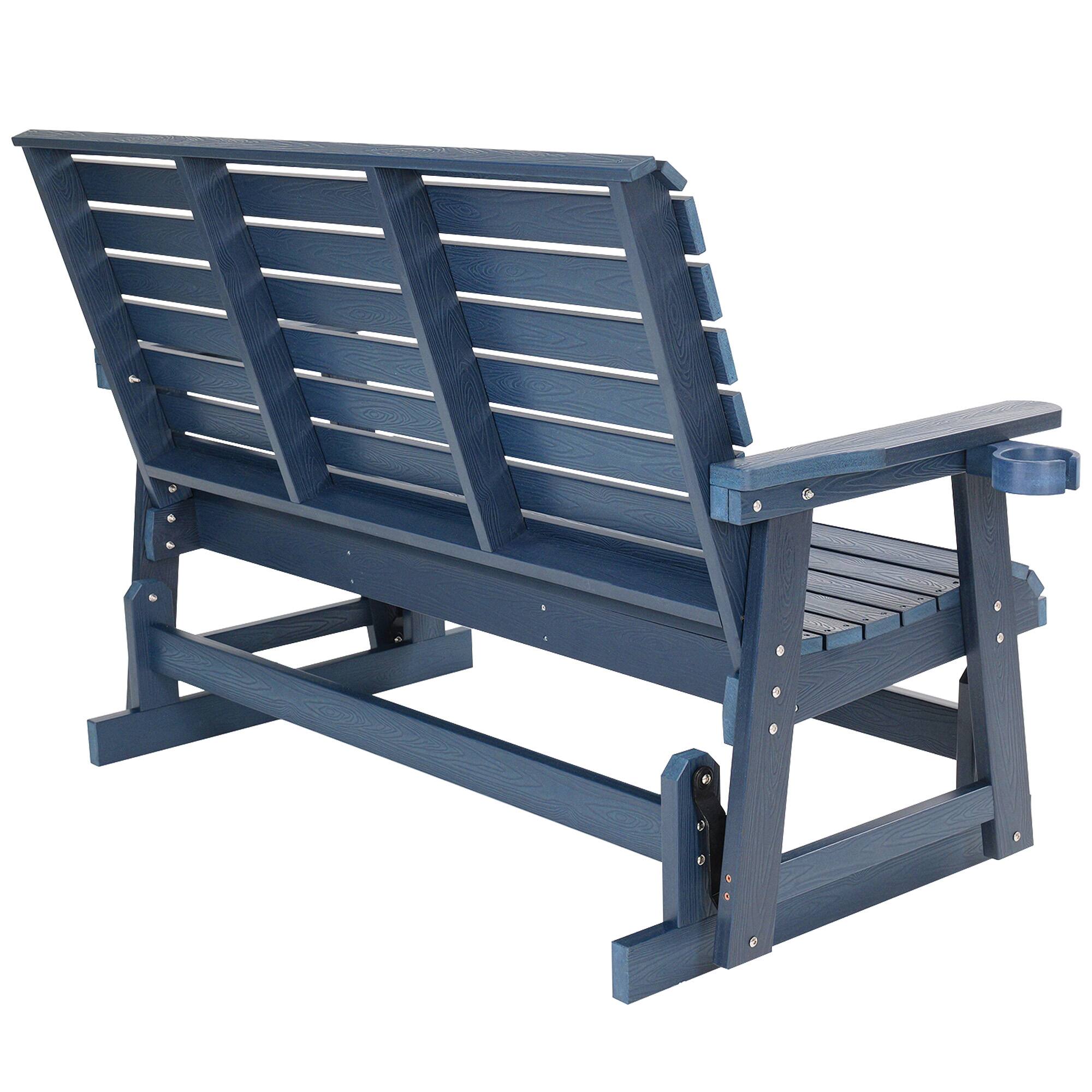 Alt View 6. Fortune Candy - HIPS Patio Glider Bench w/Cup Holders, All-Weather Poly Lumber, High Back & Deep Contoured Seat, for Porch Yard Garden - Navy Blue.