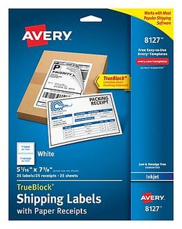 Avery - TrueBlock Inkjet Shipping Labels with Paper Receipts, 5-1/16" x 7-5/8", 25 Labels/Pack - White