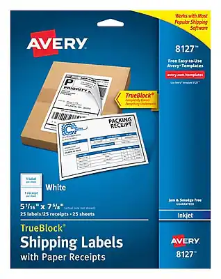 Avery 8127
Works with Most Popular Shipping Software
Free Easy-to-Use Avery Templates
avery.com/templates
TrueBlock®
Completely Covers Everything Underneath
White
5 1/16" x 7 5/8"
25 labels/25 receipts - 25 sheets
TrueBlock® Shipping Labels with Paper Receipts
Inkjet
Jam & Smudge Free Guaranteed
PRIORITY
PACKING RECEIPT