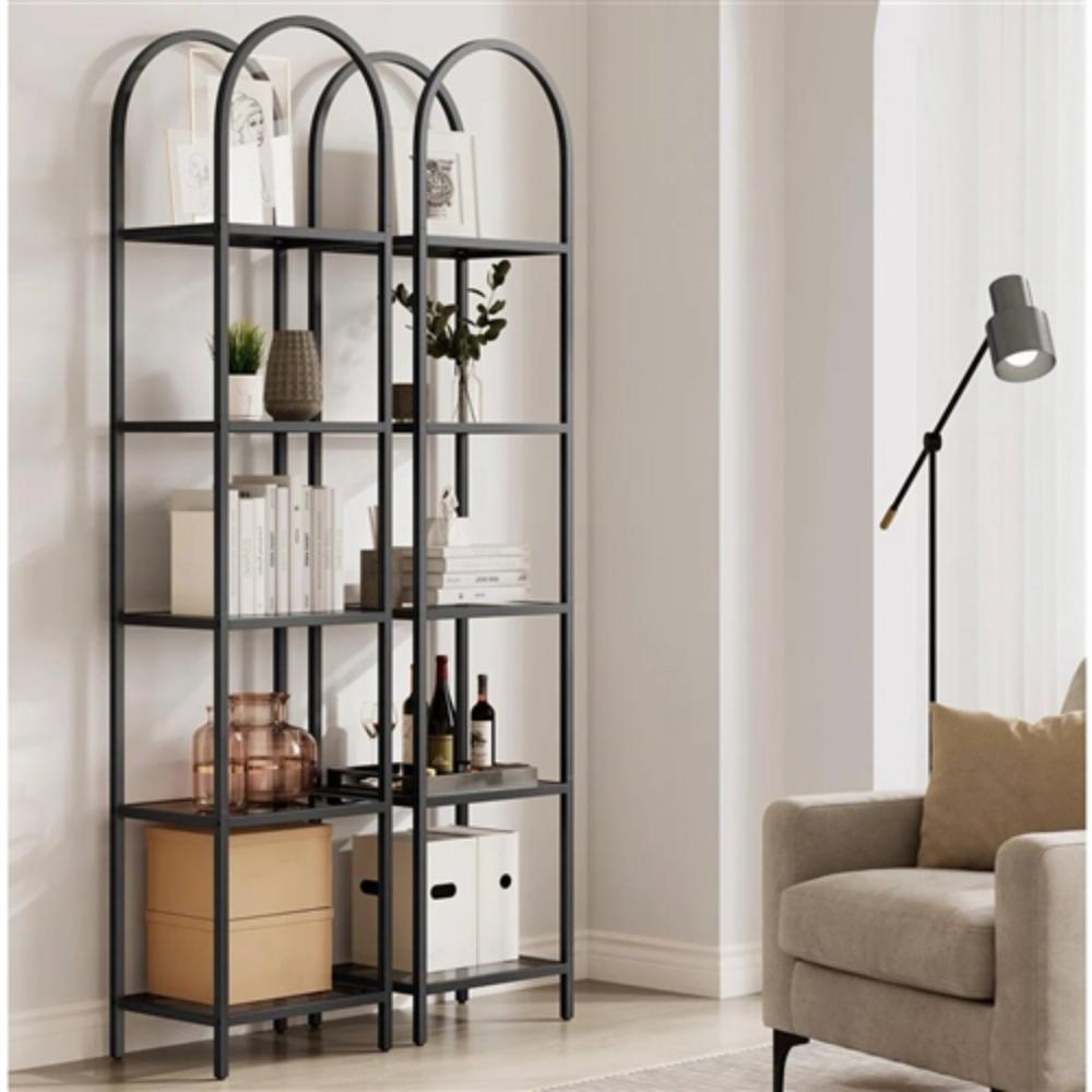 Left. Hivvago - Arched Top Black Metal Display Rack Narrow Bookcase with 5 Glass Storage Shelves - Black.