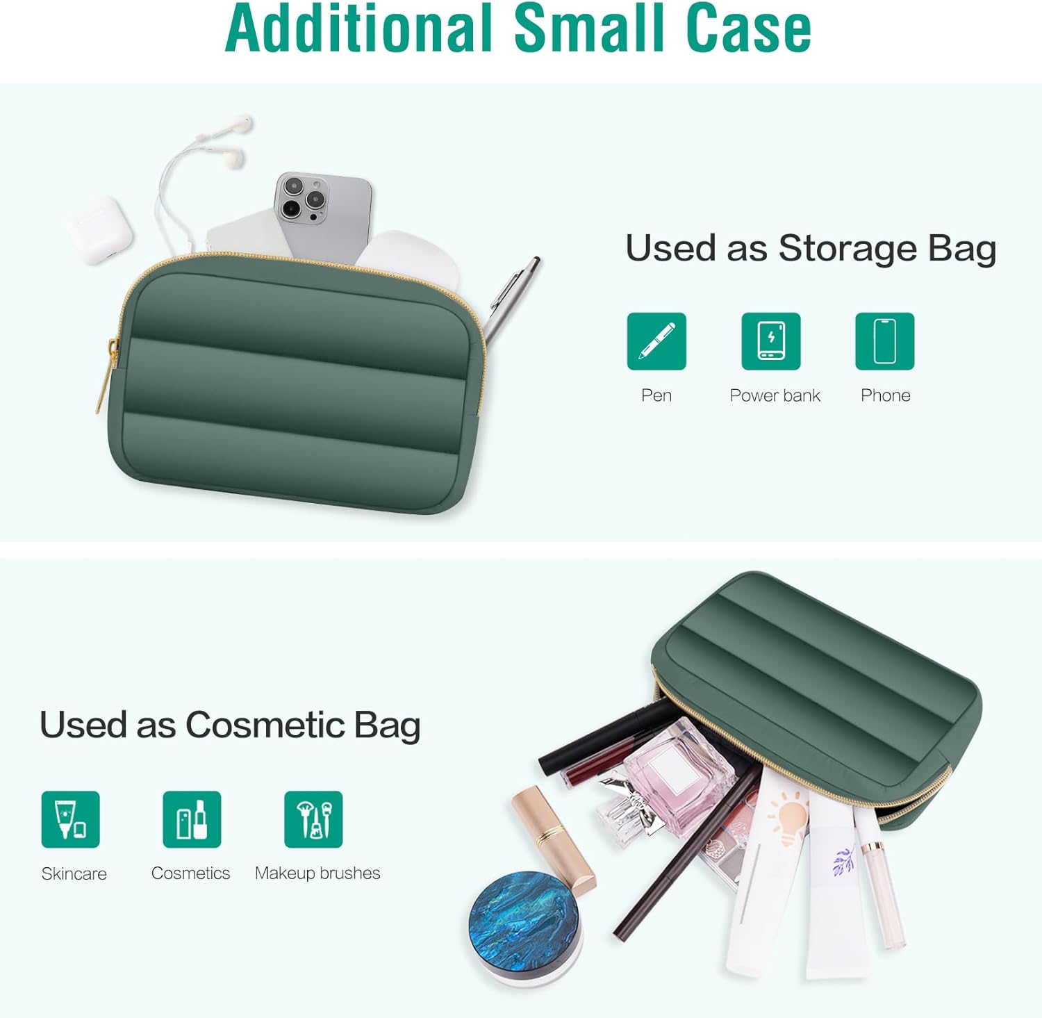 Additional Small Case

Used as Storage Bag
- Pen
- Power bank
- Phone

Used as Cosmetic Bag
- Skincare
- Cosmetics
- Makeup brushes