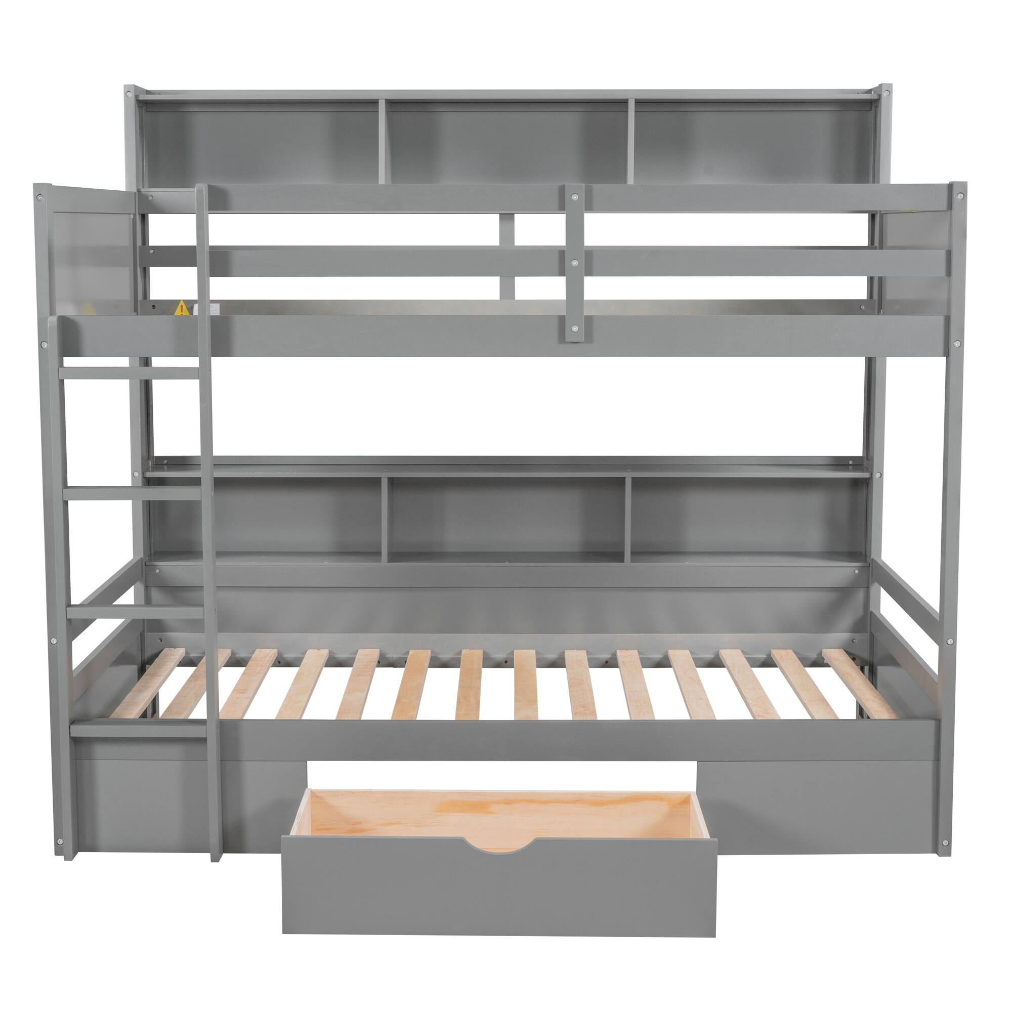 Back. Anysun - Twin Size Bunk Bed with Built-in Shelves & Storage Drawer, Space-Saving Wooden Bunk Bed for Kids or Dorm Room - Gray.
