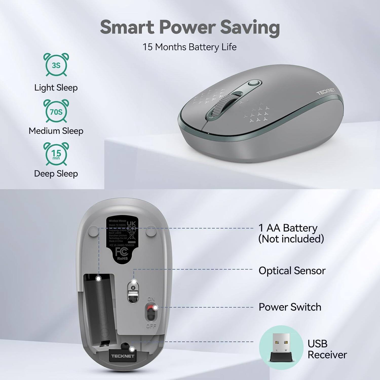 Smart Power Saving  
15 Months Battery Life

3S  
Light Sleep

70S  
Medium Sleep

15 min  
Deep Sleep

TECKNET  
1 AA Battery (Not included)  
Optical Sensor  
Power Switch  
OFF  
TECKNET  
USB Receiver