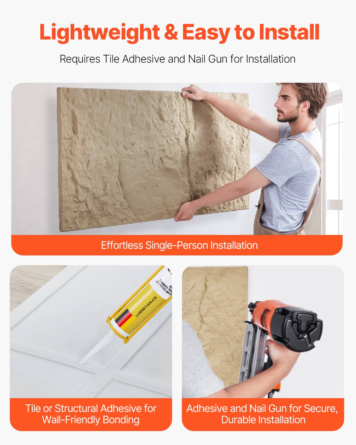 Lightweight & Easy to Install  
Requires Tile Adhesive and Nail Gun for Installation  

Effortless Single-Person Installation  

Tile or Structural Adhesive for Wall-Friendly Bonding  

Adhesive and Nail Gun for Secure, Durable Installation