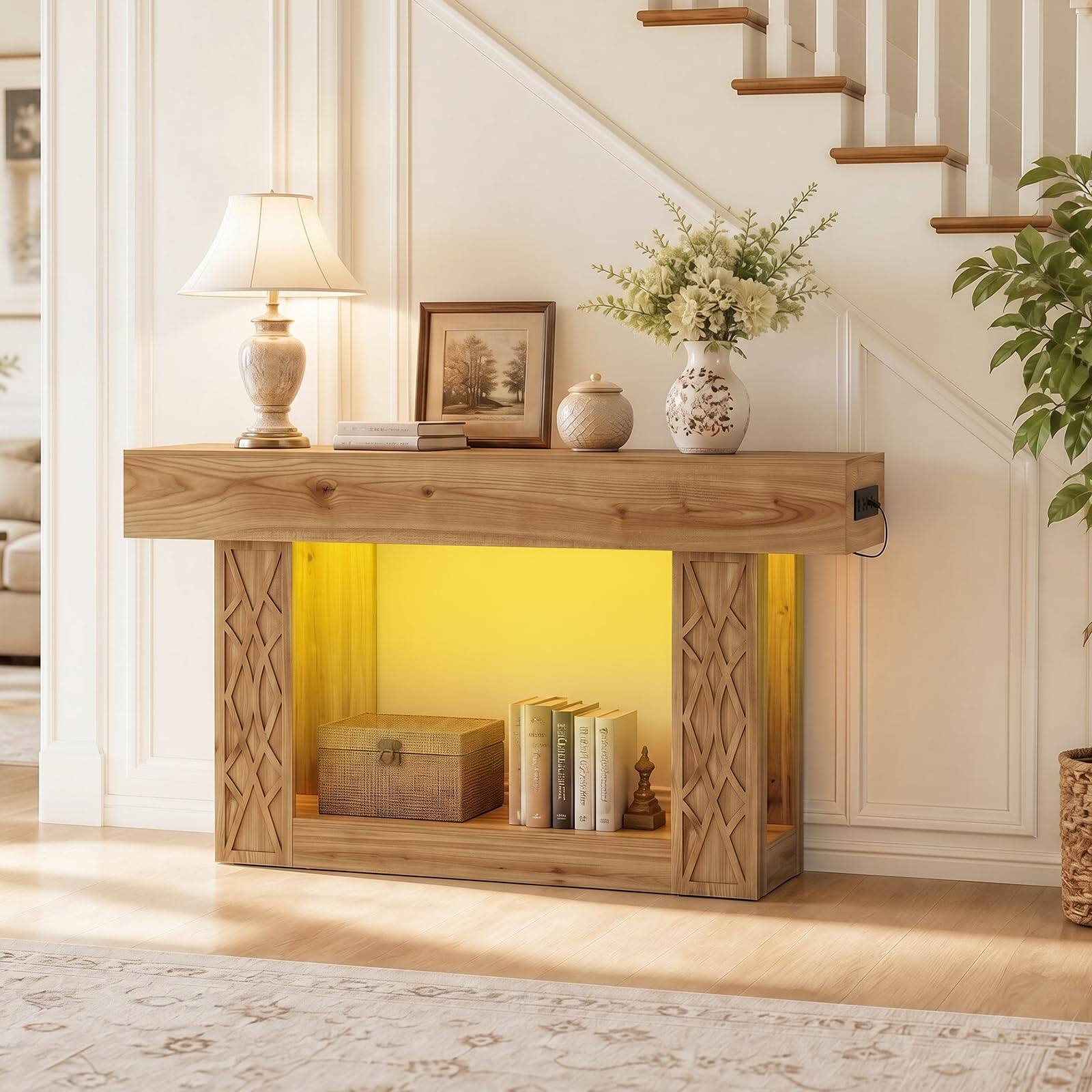 Left. Aheaplus - 63" Farmhouse Console Table with Charging Station & RGB LED Lights, 2-Tier Storage for Entryway - Natural Oak.