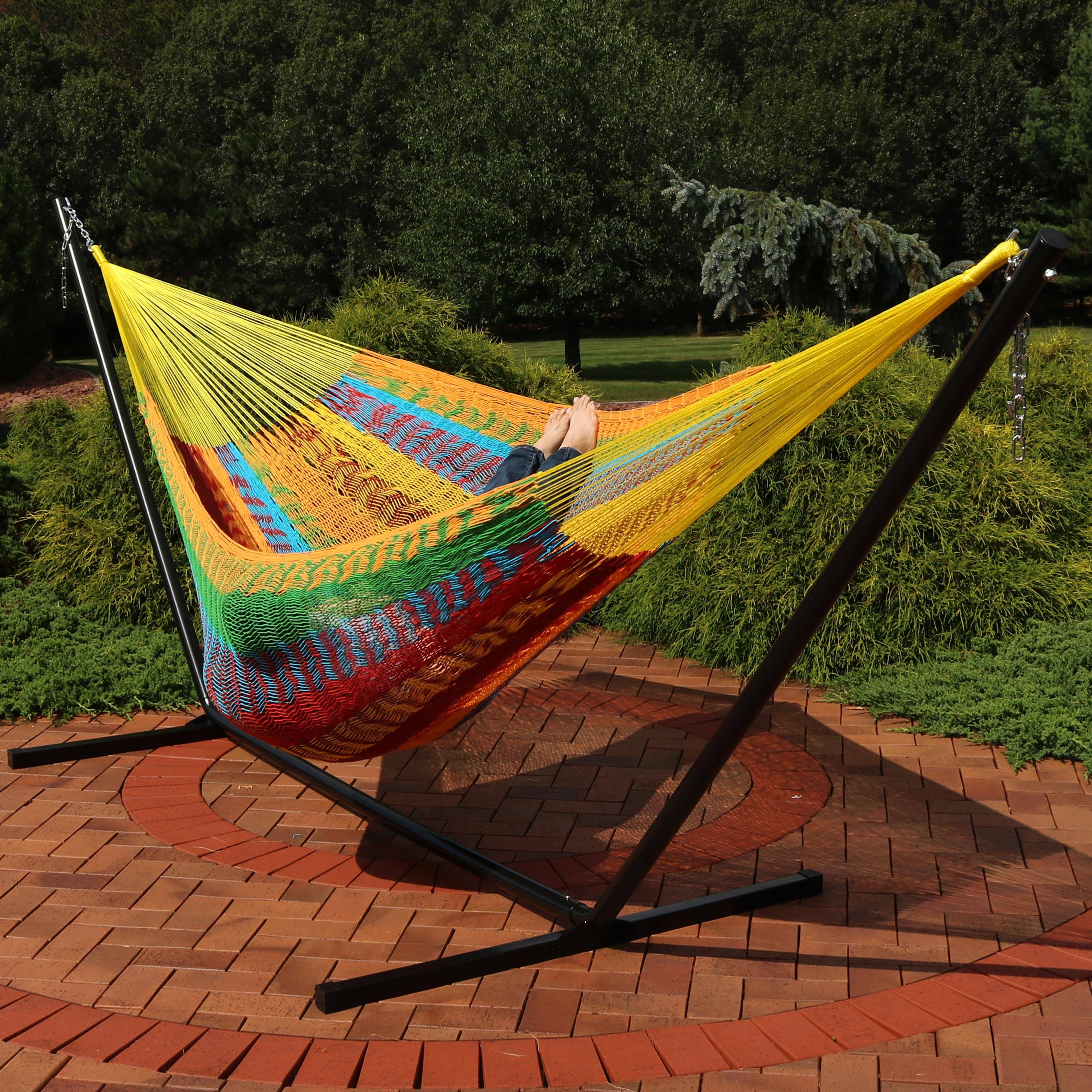 Alt View 2. Sunnydaze - 2-Person Cotton/Nylon Hammock with Steel Stand - Multi-Color.