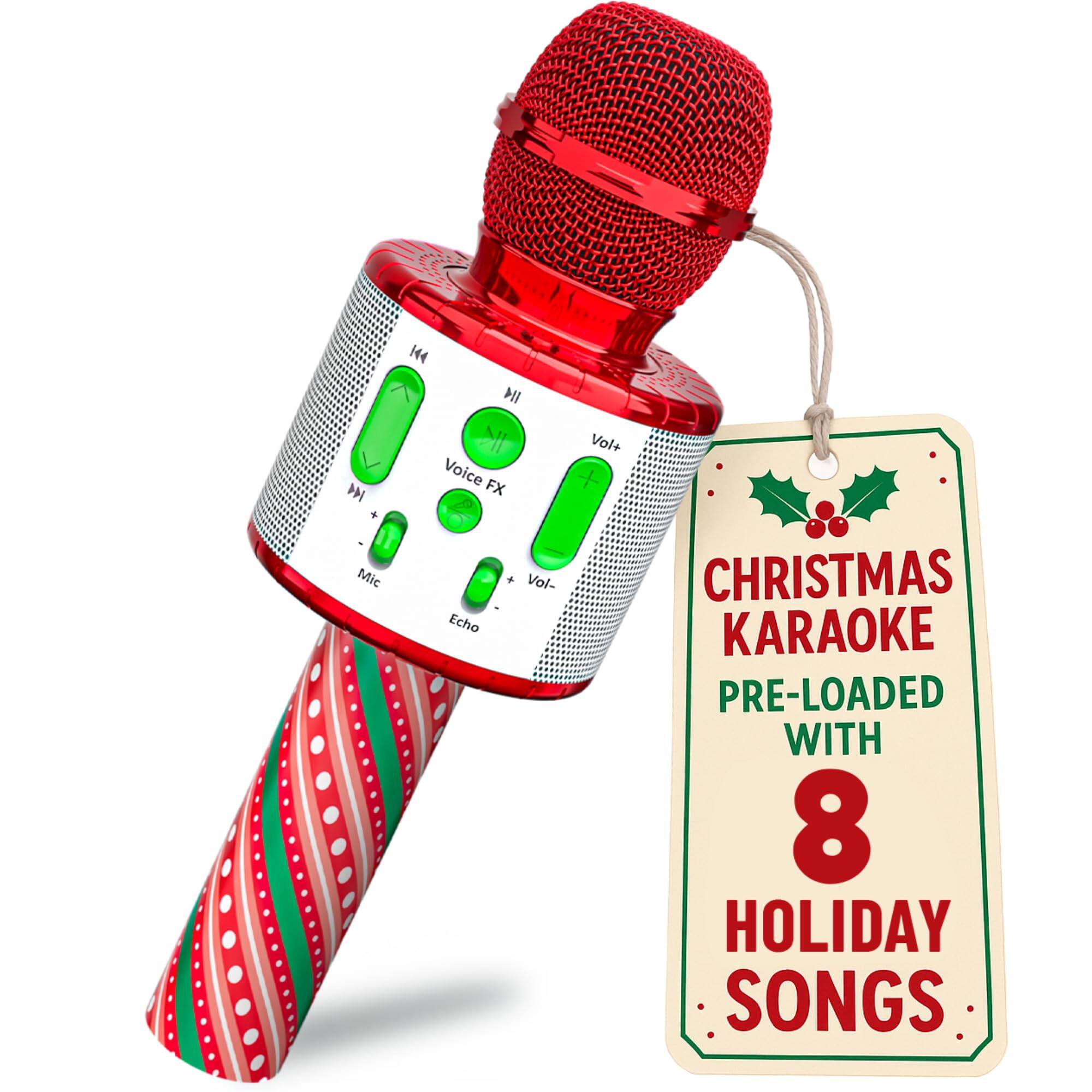 144 MI D  
Mic Vol+ Voice FX + + Vol-  
CHRISTMAS KARAOKE  
PRE-LOADED WITH 8 HOLIDAY SONGS