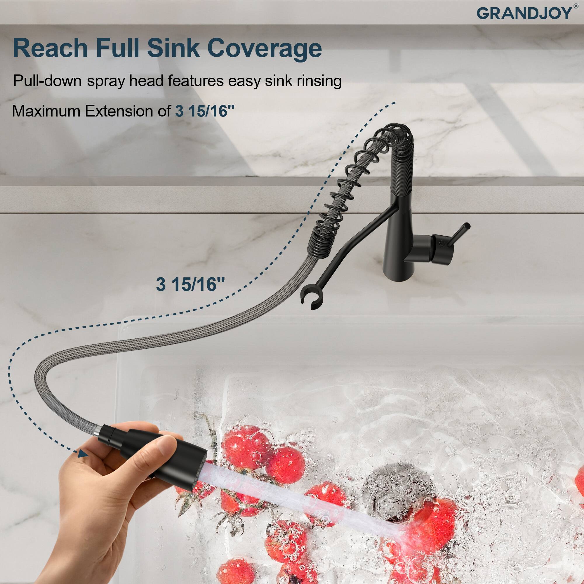 Reach Full Sink Coverage  
Pull-down spray head features easy sink rinsing  
Maximum Extension of 3 15/16"