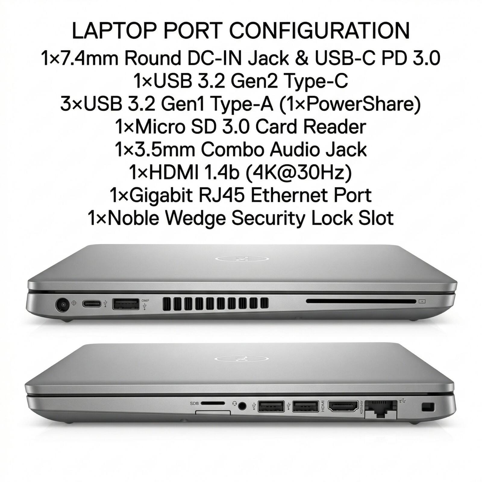 LAPTOP PORT CONFIGURATION  
1x7.4mm Round DC-IN Jack & USB-C PD 3.0  
1xUSB 3.2 Gen2 Type-C  
3xUSB 3.2 Gen1 Type-A (1xPowerShare)  
1xMicro SD 3.0 Card Reader  
1x3.5mm Combo Audio Jack  
1xHDMI 1.4b (4K@30Hz)  
1xGigabit RJ45 Ethernet Port  
1xNoble Wedge Security Lock Slot