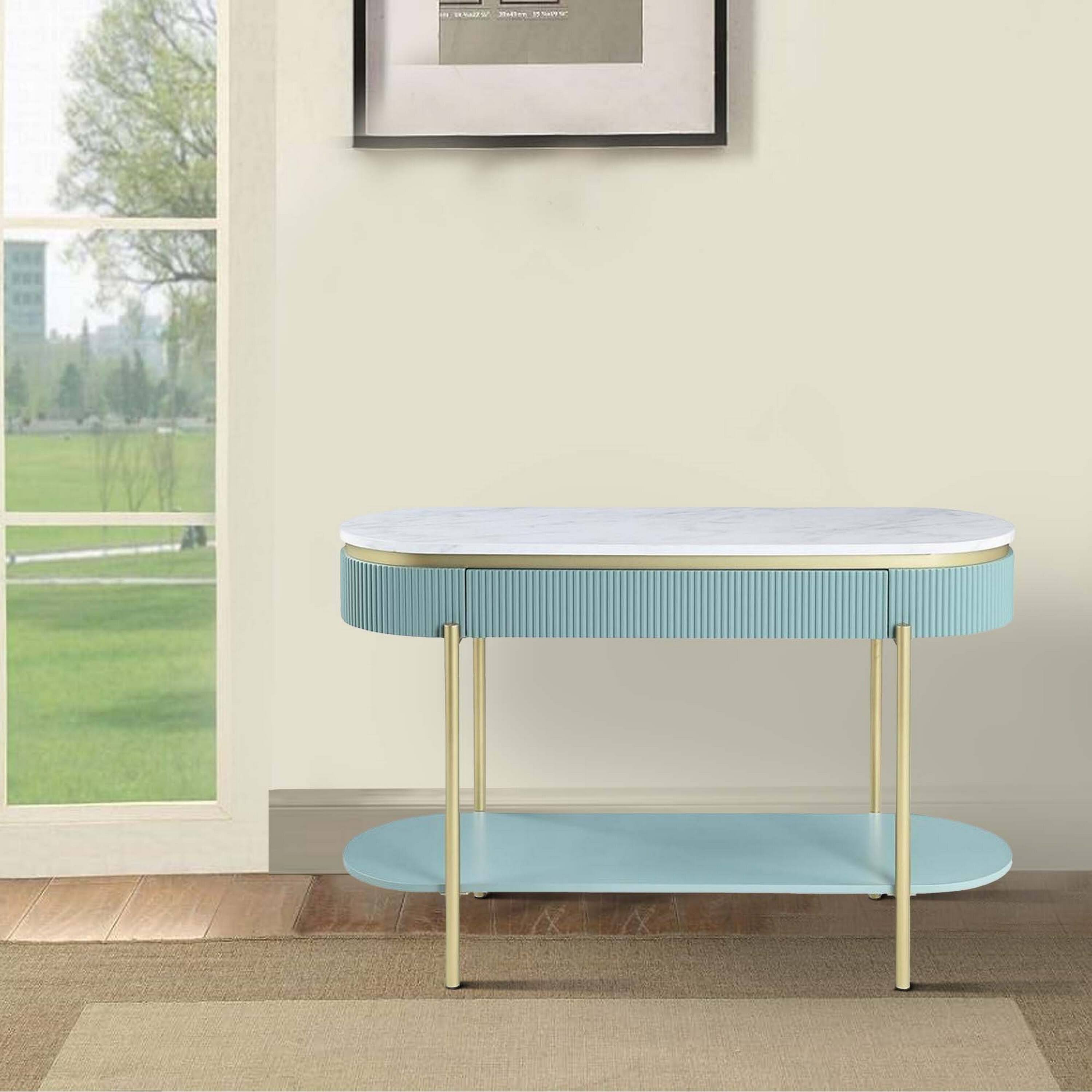 Alt View 5. Manhattan Lane - Ville 48 Inch Sofa Console Table, White Faux Marble Top, Teal Reeded Edge - White, Teal, Gold.