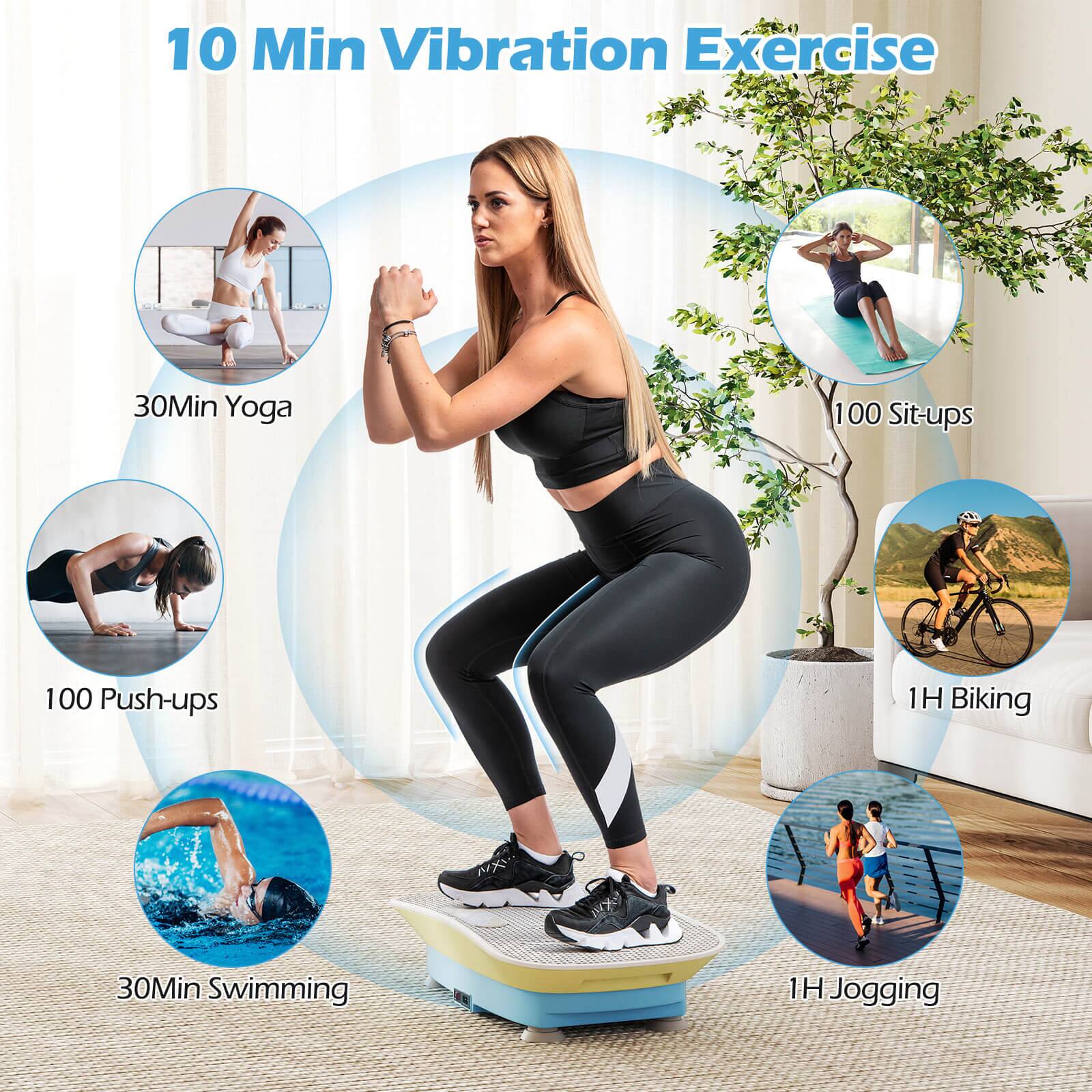10 Min Vibration Exercise

- 30 Min Yoga
- 100 Sit-ups
- 100 Push-ups
- 1H Biking
- 30 Min Swimming
- 1H Jogging