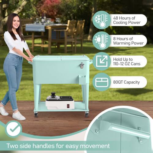 48 Hours of Cooling Power  
8 Hours of Warming Power  
Hold Up to 110-120 OZ Cans  
80QT Capacity  
Two side handles for easy movement