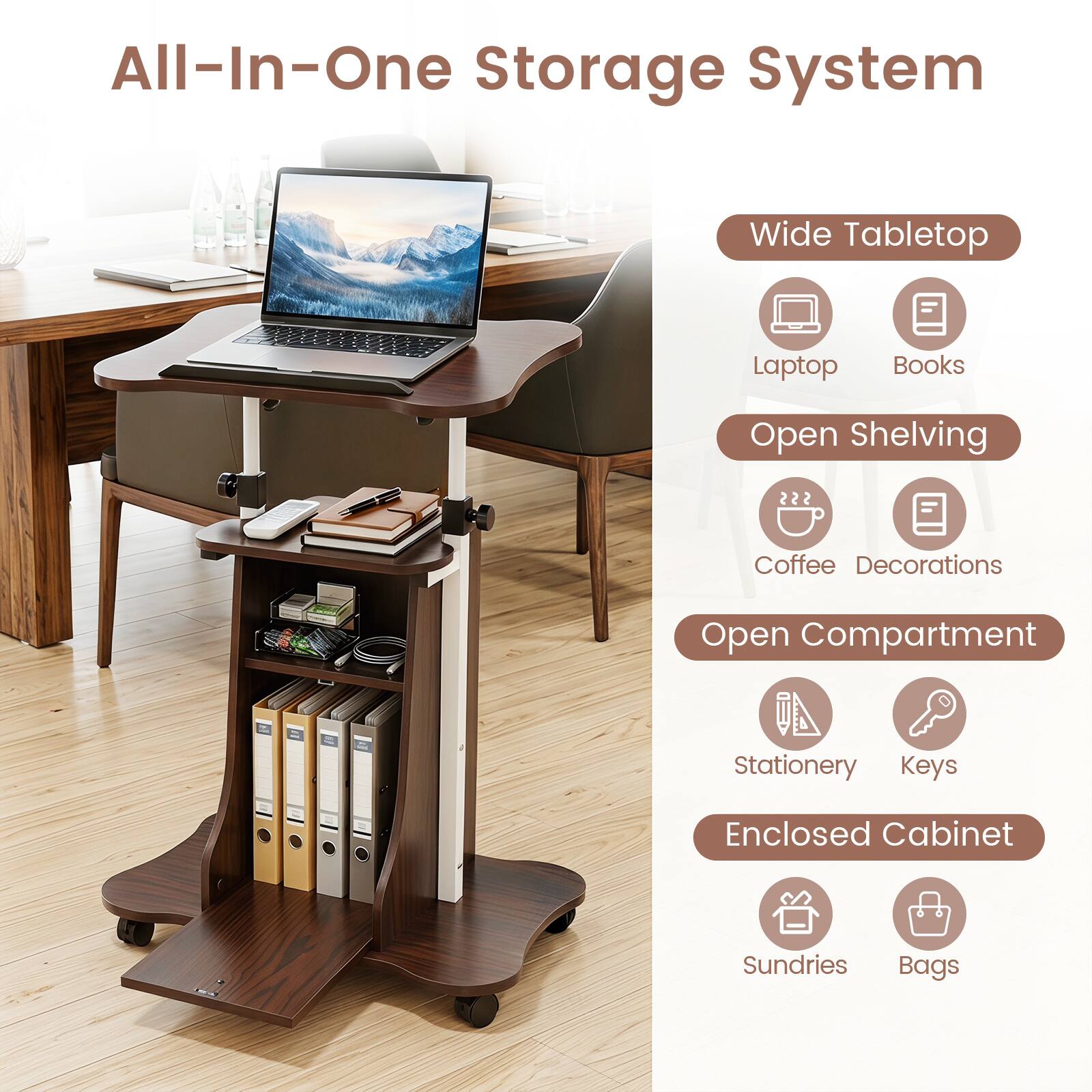 All-In-One Storage System  
Wide Tabletop  
Laptop  
Books  
Open Shelving  
Coffee  
Decorations  
Open Compartment  
Stationery  
Keys  
Enclosed Cabinet  
Sundries  
Bags