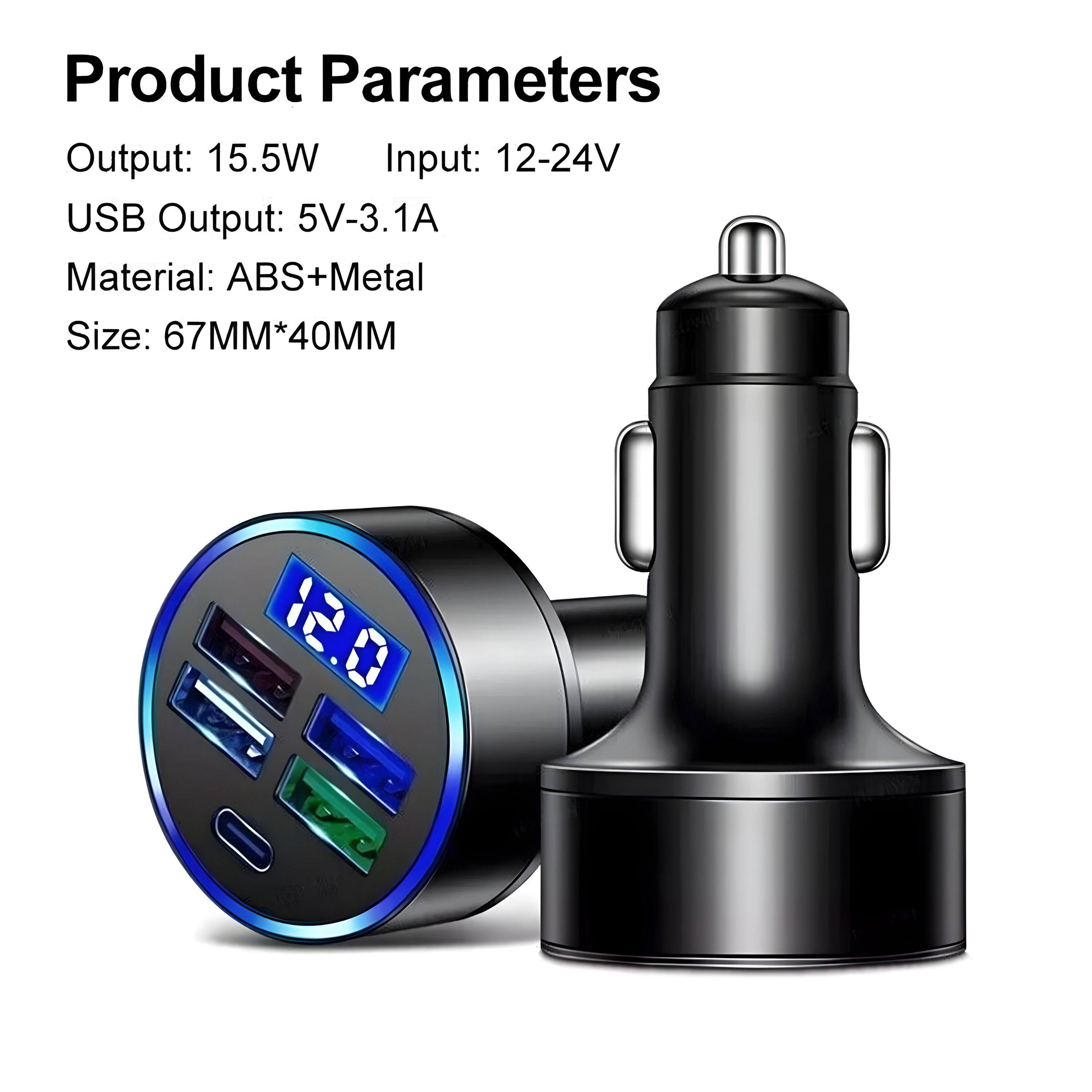 Product Parameters

Output: 15.5W  
Input: 12-24V  
USB Output: 5V-3.1A  
Material: ABS+Metal  
Size: 67MM*40MM