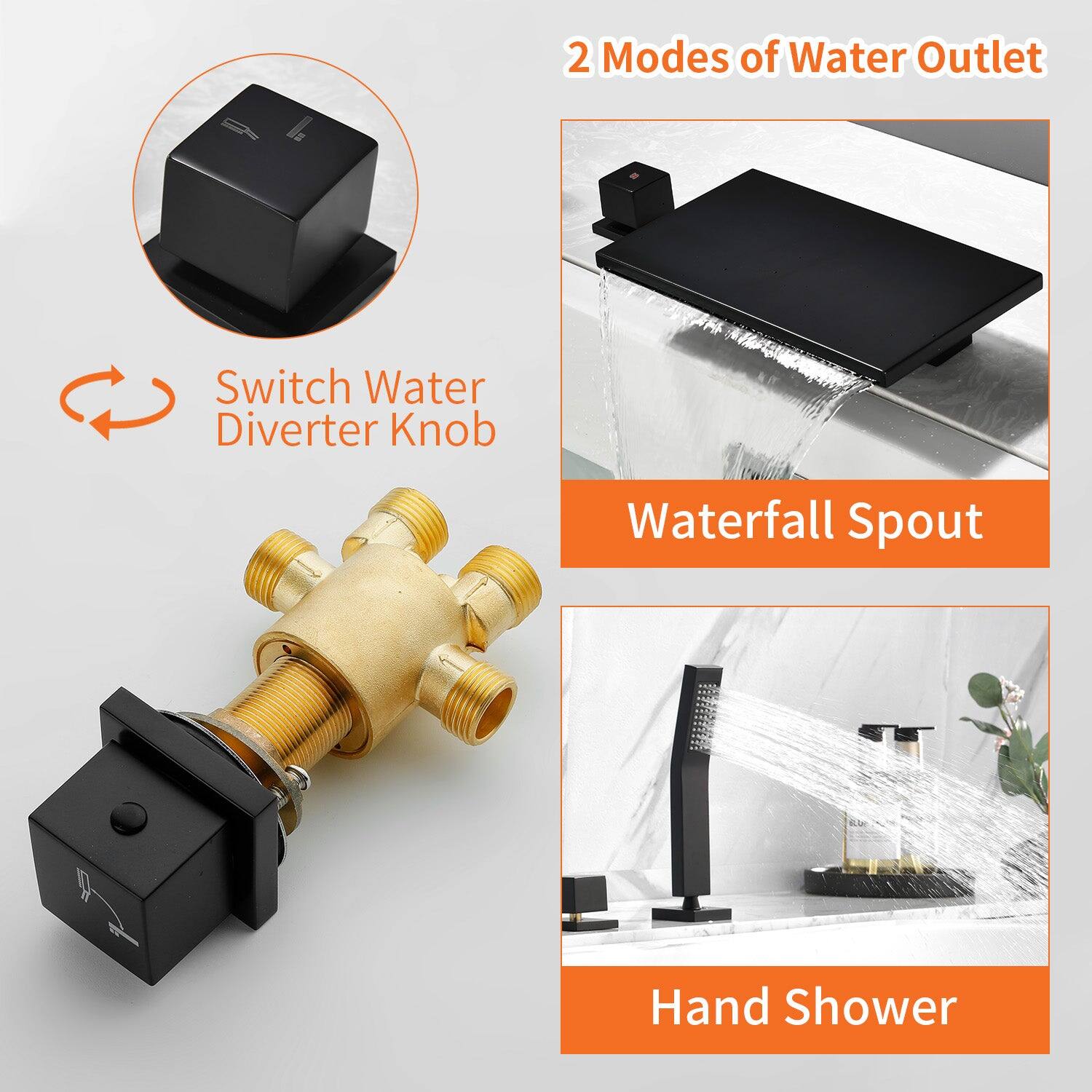 2 Modes of Water Outlet

Switch Water Diverter Knob

Waterfall Spout

Hand Shower