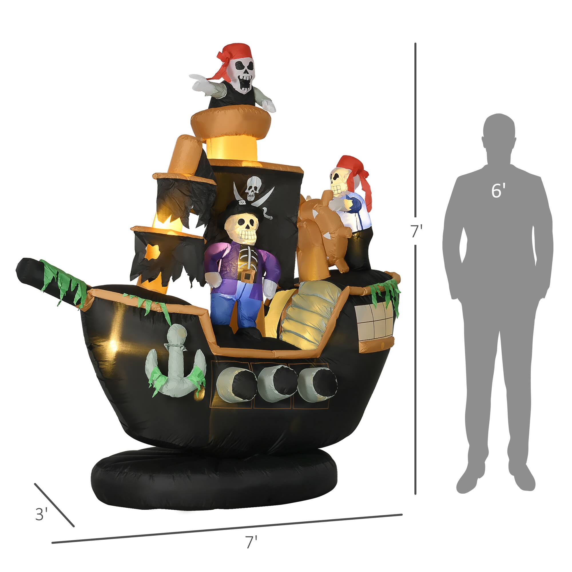 Alt View 2. Homcom - 7ft Halloween Inflatables, Skeleton Pirate Ship, Outdoor Blow Up Yard Decoration with Build-in LED - Black.