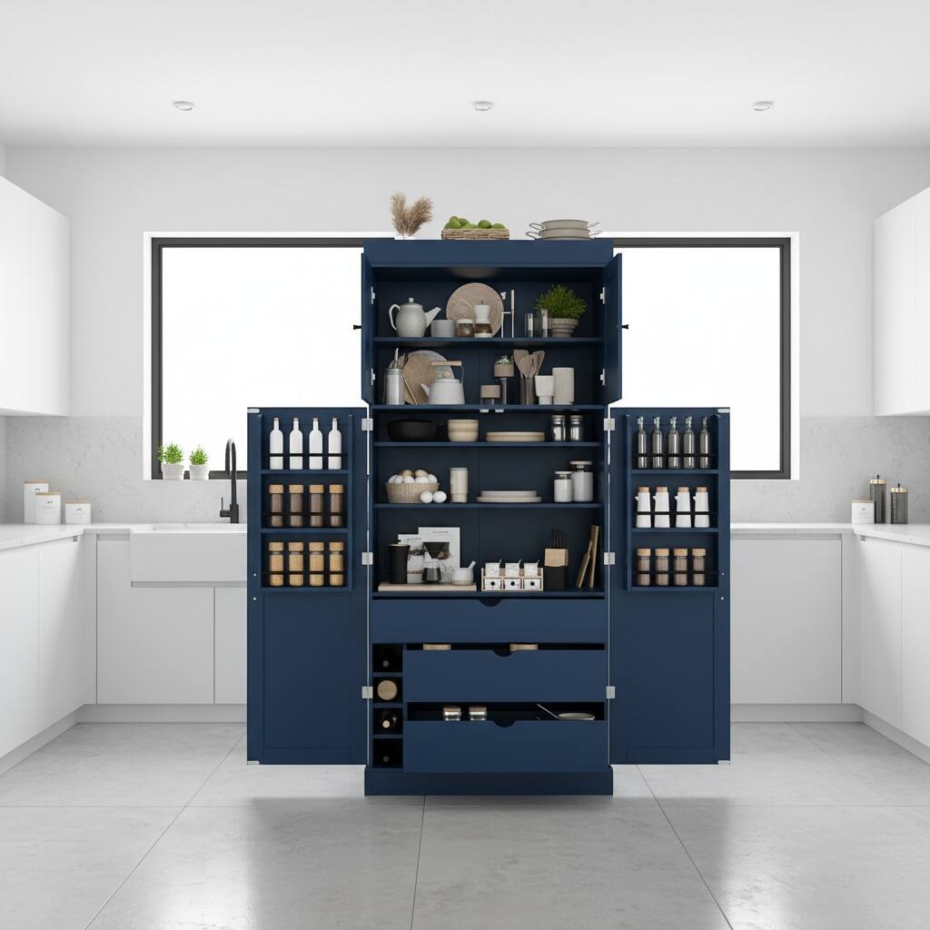 Back. Forest'nSky - 77" Tall Kitchen Pantry Cabinet, Shaker Style with Adjustable Shelves, Drawers & Wine Racks,Blue - Blue.