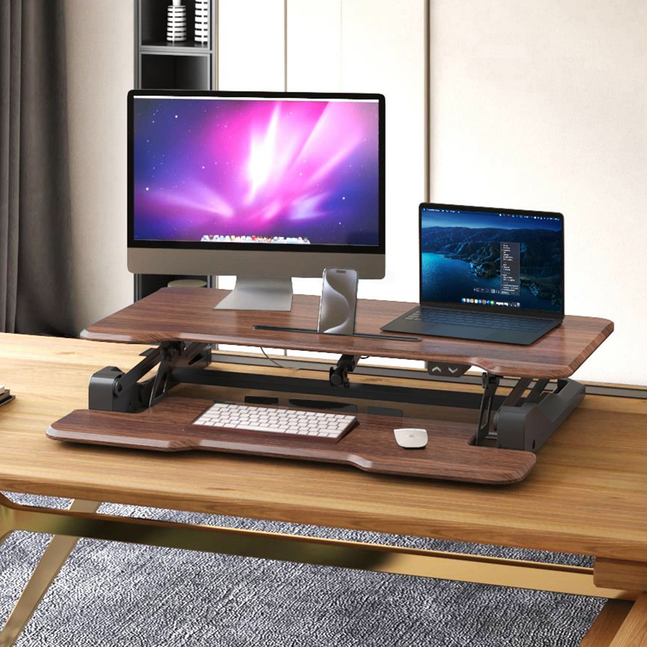 Left. Mount-It! - Electric Standing Desk Converter with 38" Adjustable Sit-Stand Work Surface and Quiet Motor Lift, Brown - Black.