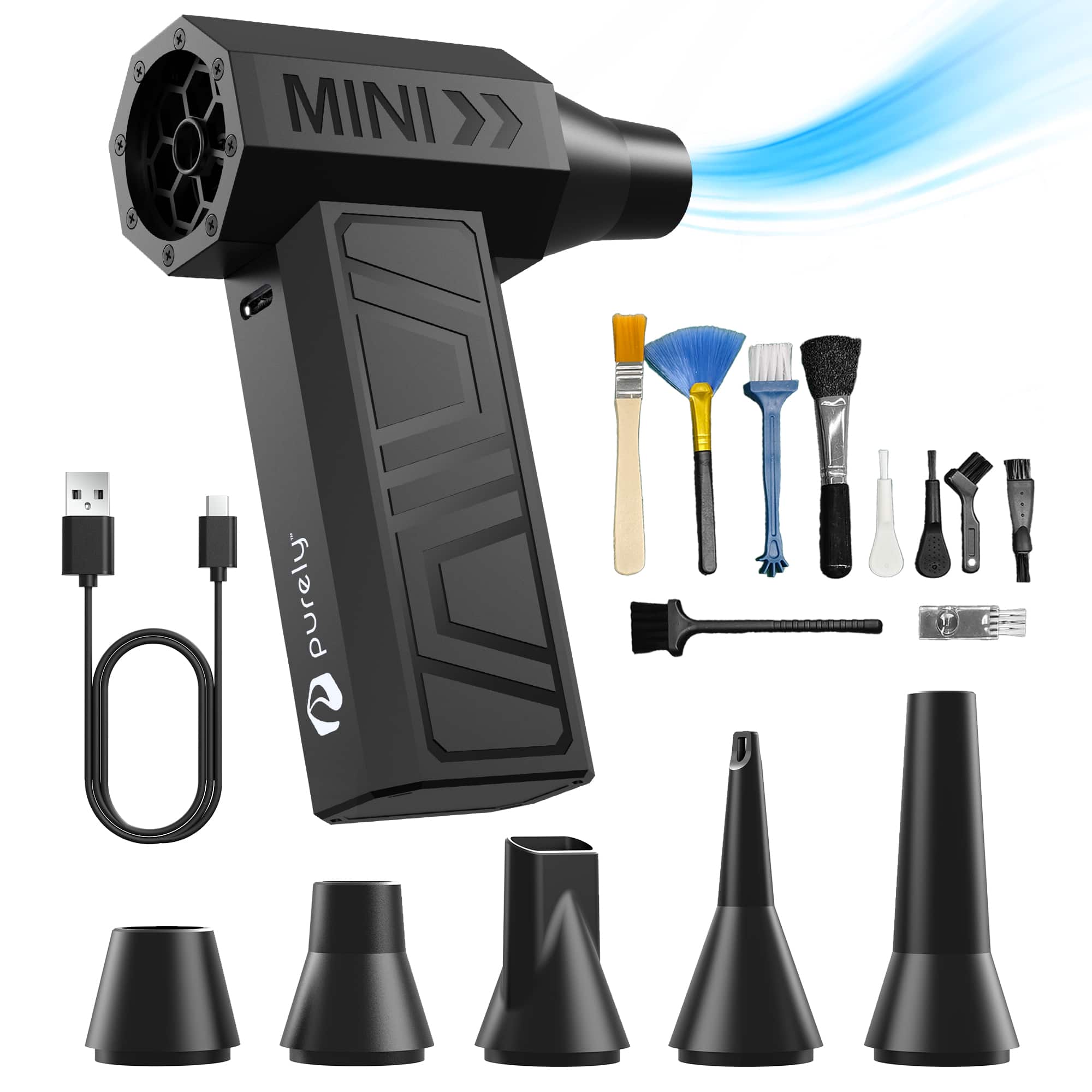 Purely - D40 Portable Wireless Air Duster 105,000 RPM Handheld Dust Blower with 5 Nozzles, Black