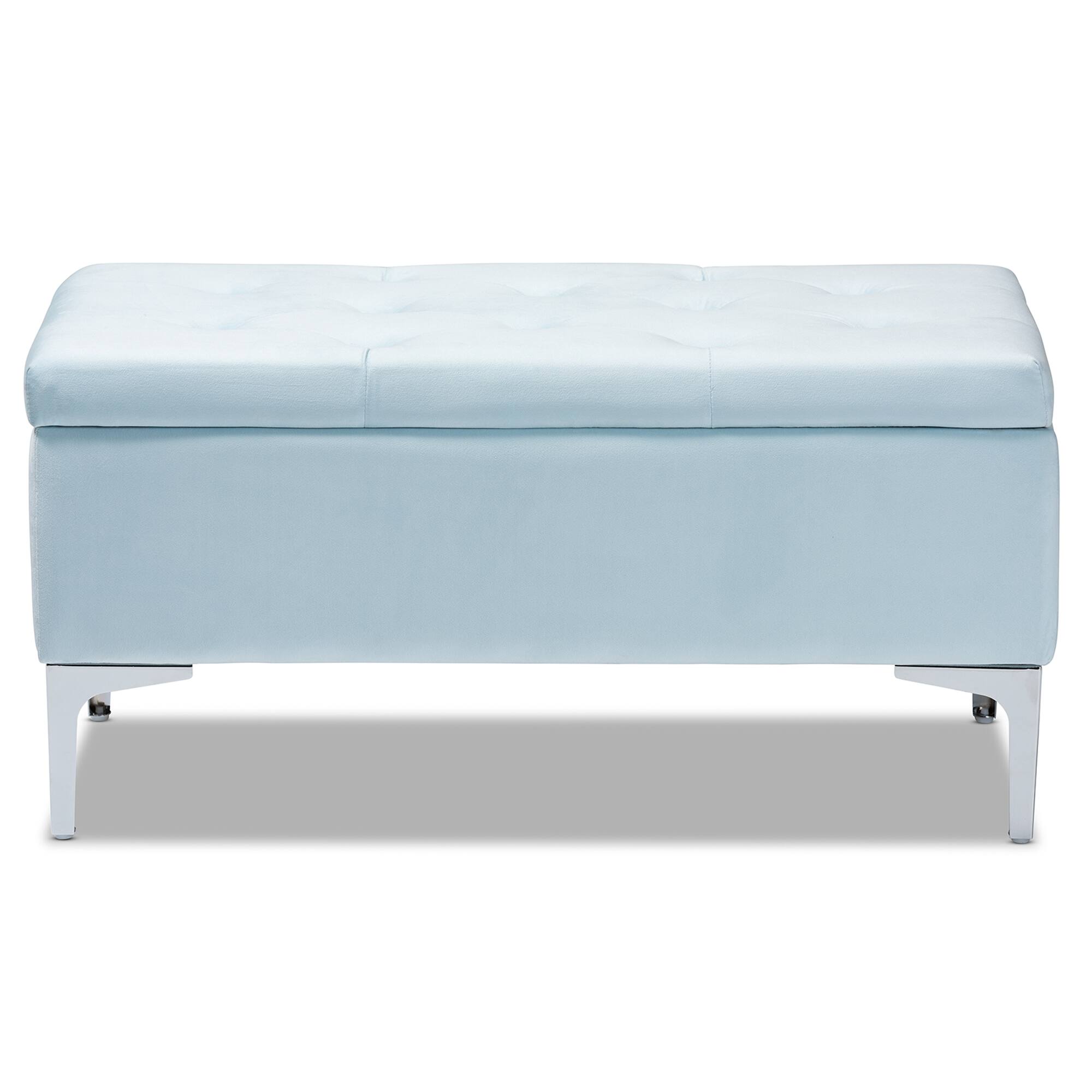 Left. Baxton Studio - Mabel Modern and Contemporary Transitional Velvet Fabric Upholstered Silver Finished Storage Ottoman - Light Blue/Silver.