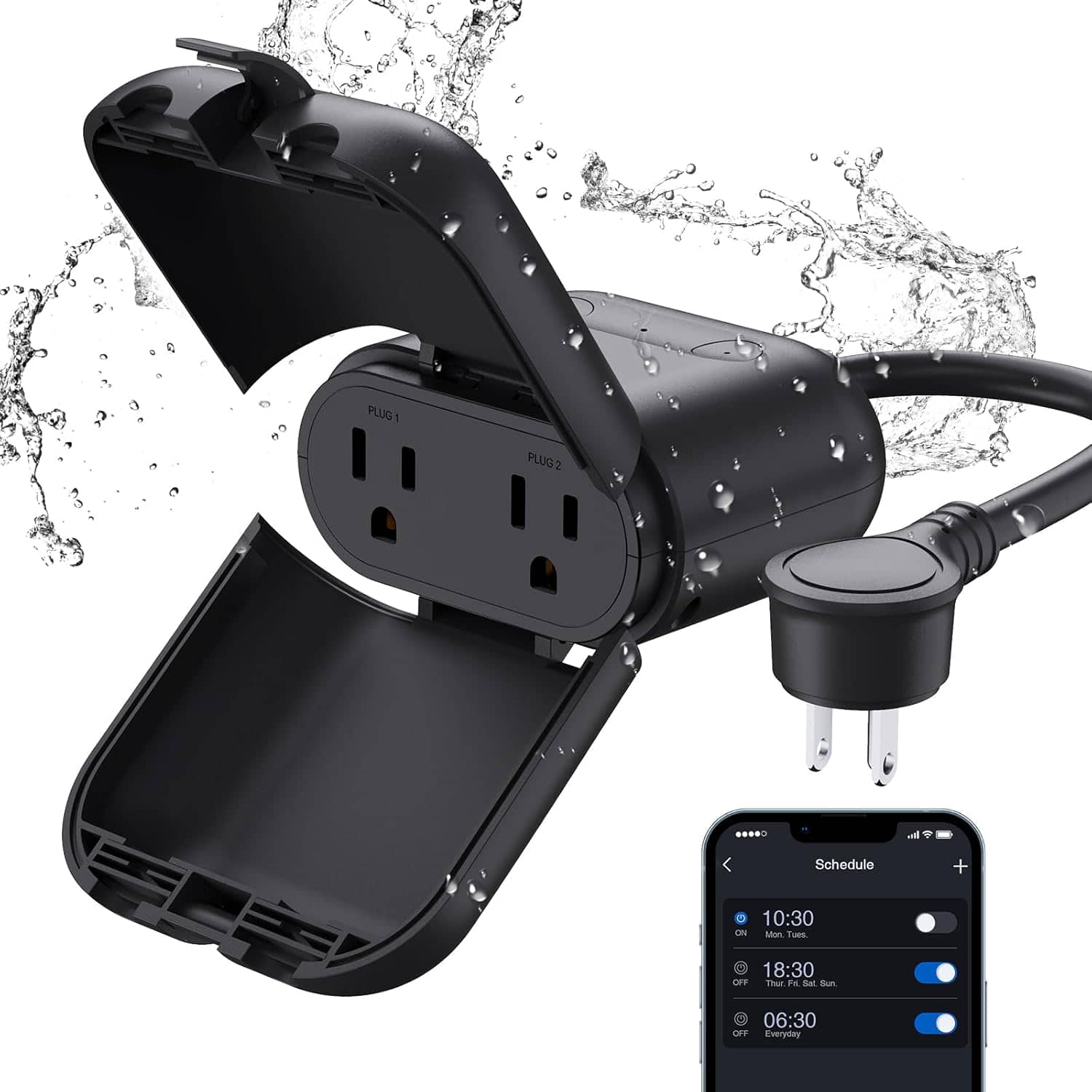 RTMB - PQR20 Outdoor Smart Plug, 2 Sockets, Waterproof IP66, Alexa & Google, Black - Color: Black Size: 2*Sockets Number of Items: 1