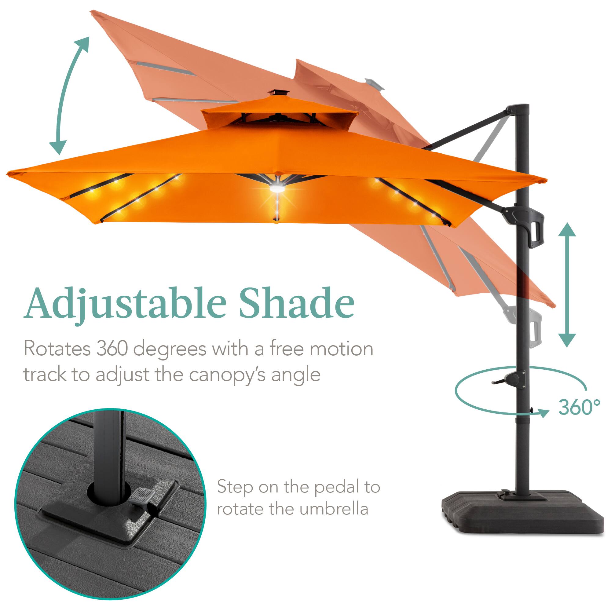 Adjustable Shade  
Rotates 360 degrees with a free motion track to adjust the canopy's angle  

Step on the pedal to rotate the umbrella