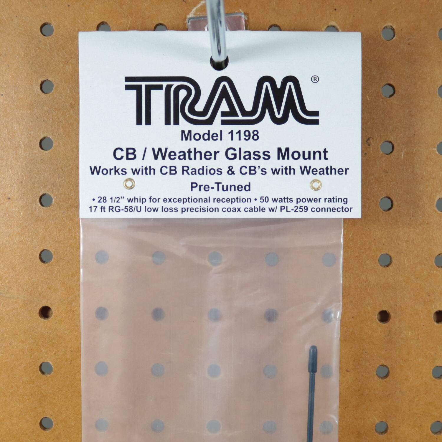 TRAM  
Model 1198  
CB / Weather Glass Mount  
Works with CB Radios & CB's with Weather  
Pre-Tuned  
- 28 1/2" whip for exceptional reception  
- 50 watts power rating  
- 17 ft RG-58/U low loss precision coax cable w/ PL-259 connector