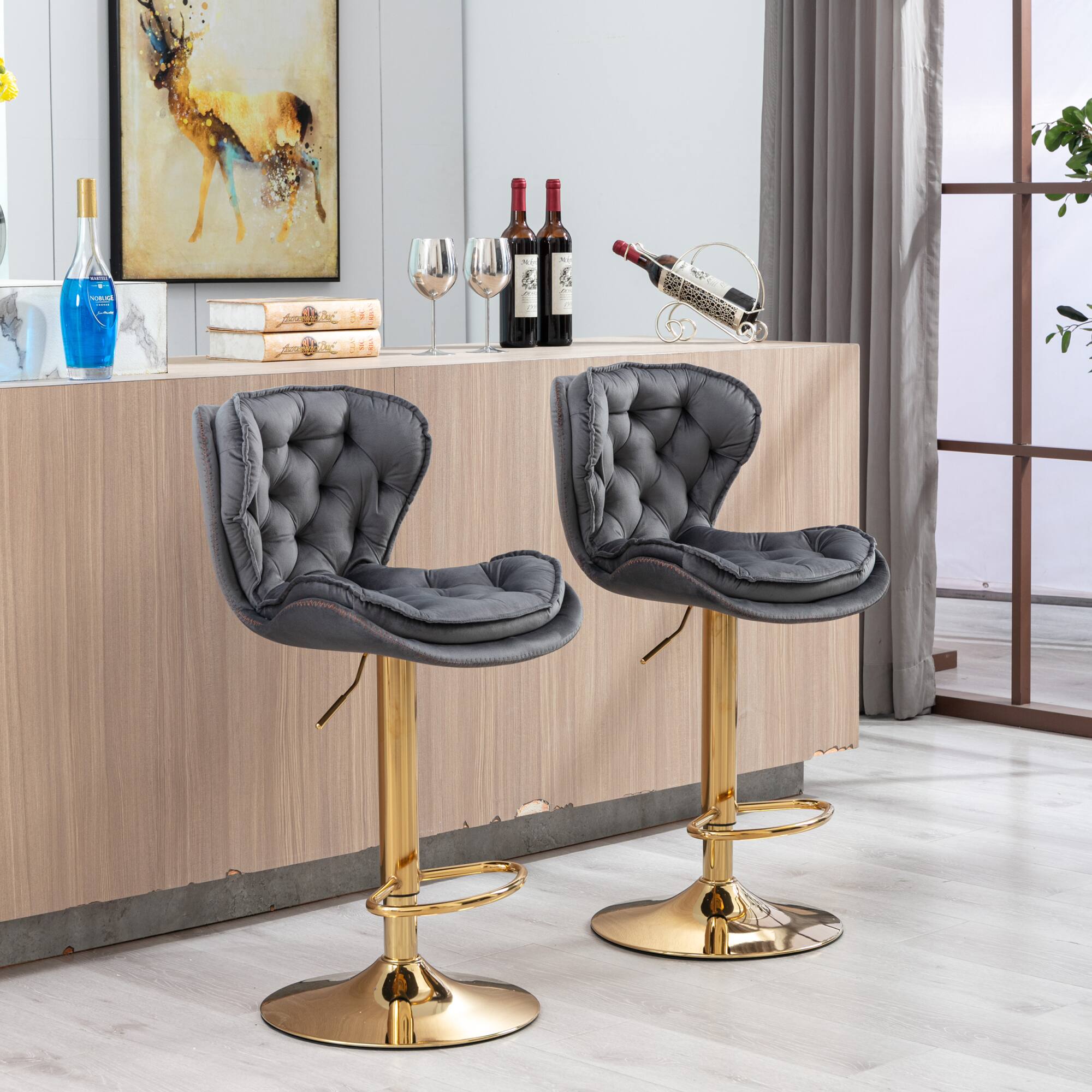Alt View 4. GOODSILO - Set of 2 Adjustable Swivel Bar Stools with Chrome Footrest and Velvet Upholstery - Grey.