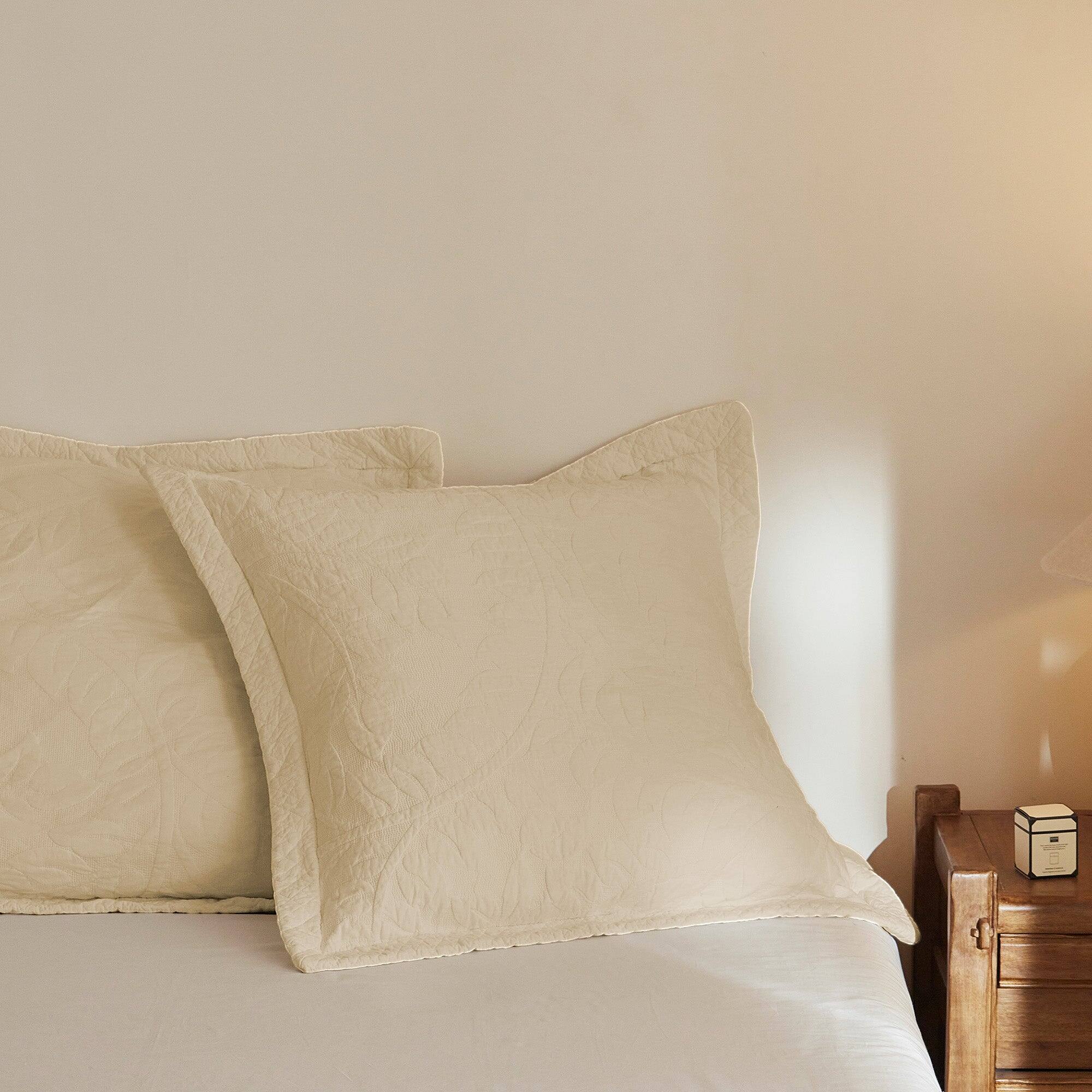 Angle. MarCielo - 100% Cotton Embroidered Quilted Pillow Shams Set of 2, 26"x26" Euro Size - Natural Beige.