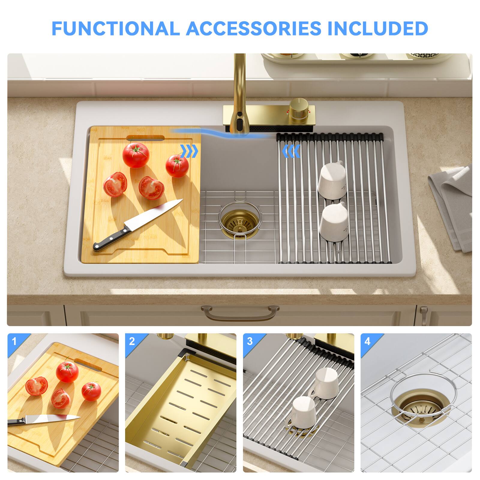 FUNCTIONAL ACCESSORIES INCLUDED

1. Cutting board with tomatoes and knife
2. Sink strainer
3. Dish rack with cups
4. Sink drain