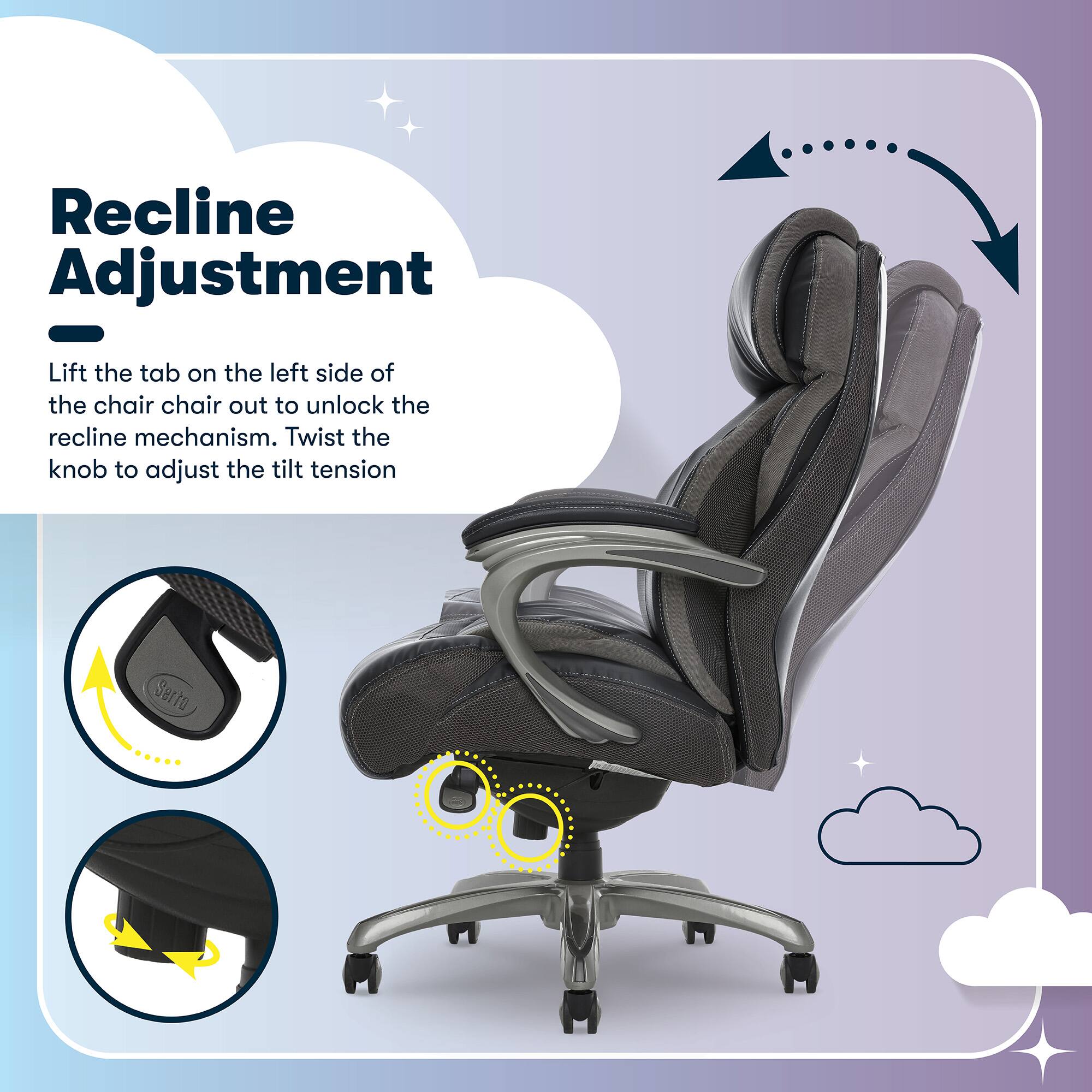 Recline Adjustment  
Lift the tab on the left side of the chair out to unlock the recline mechanism. Twist the knob to adjust the tilt tension