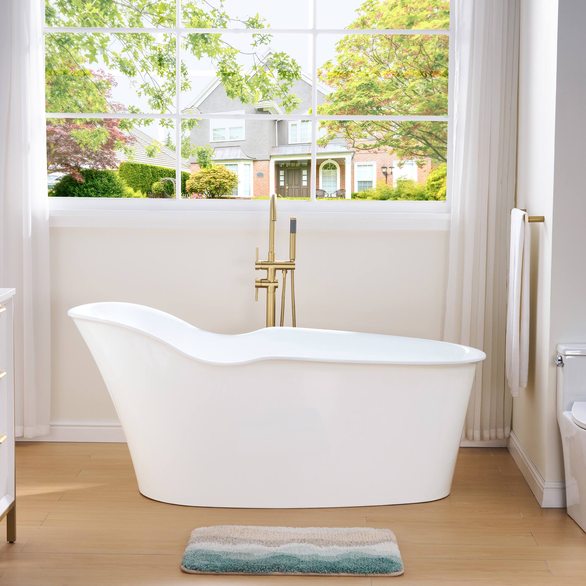 Front. WELLFOR - Wave 66 in. Acrylic Flat Bottom Double Ended Freestanding Soaking  Bathtub with Drain and Overflow - White.